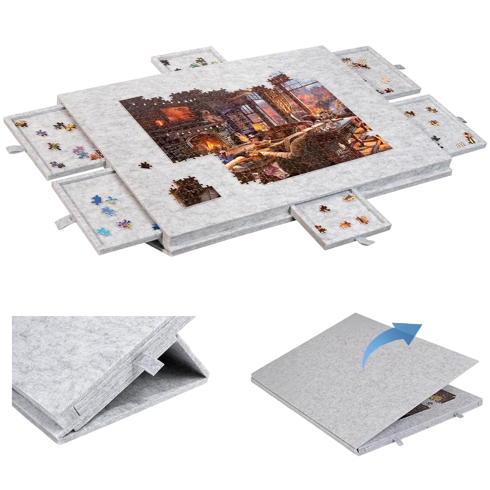 Btstil Foldable Jigsaw Puzzle Board with 2-in-1 Stand & Cover, Tilting Jigsaw Table with 6 Drawers for Up to 1000 Pieces, Lightweight Felt Puzzle Boards for Games Adults Kids Gift (Grey)
