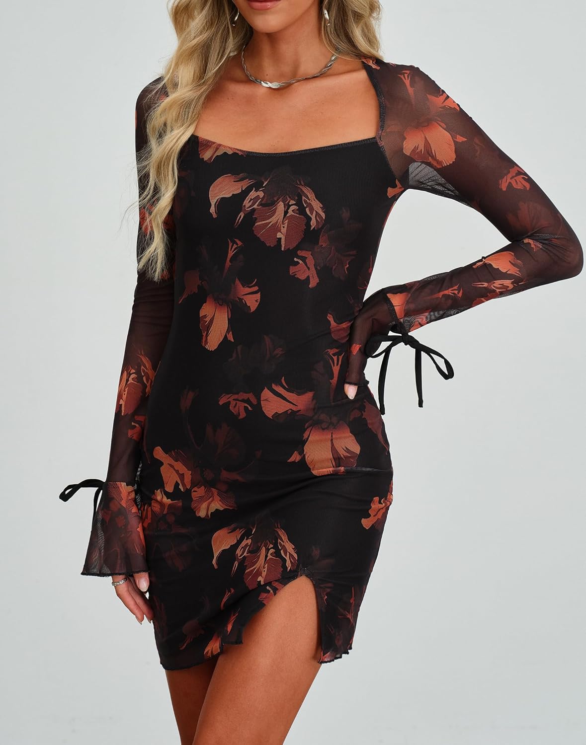 HYPERFIRE Women's Mesh Long Sleeve Square Neck Split Hem Party Club Cocktail Bodycon Mini Dress