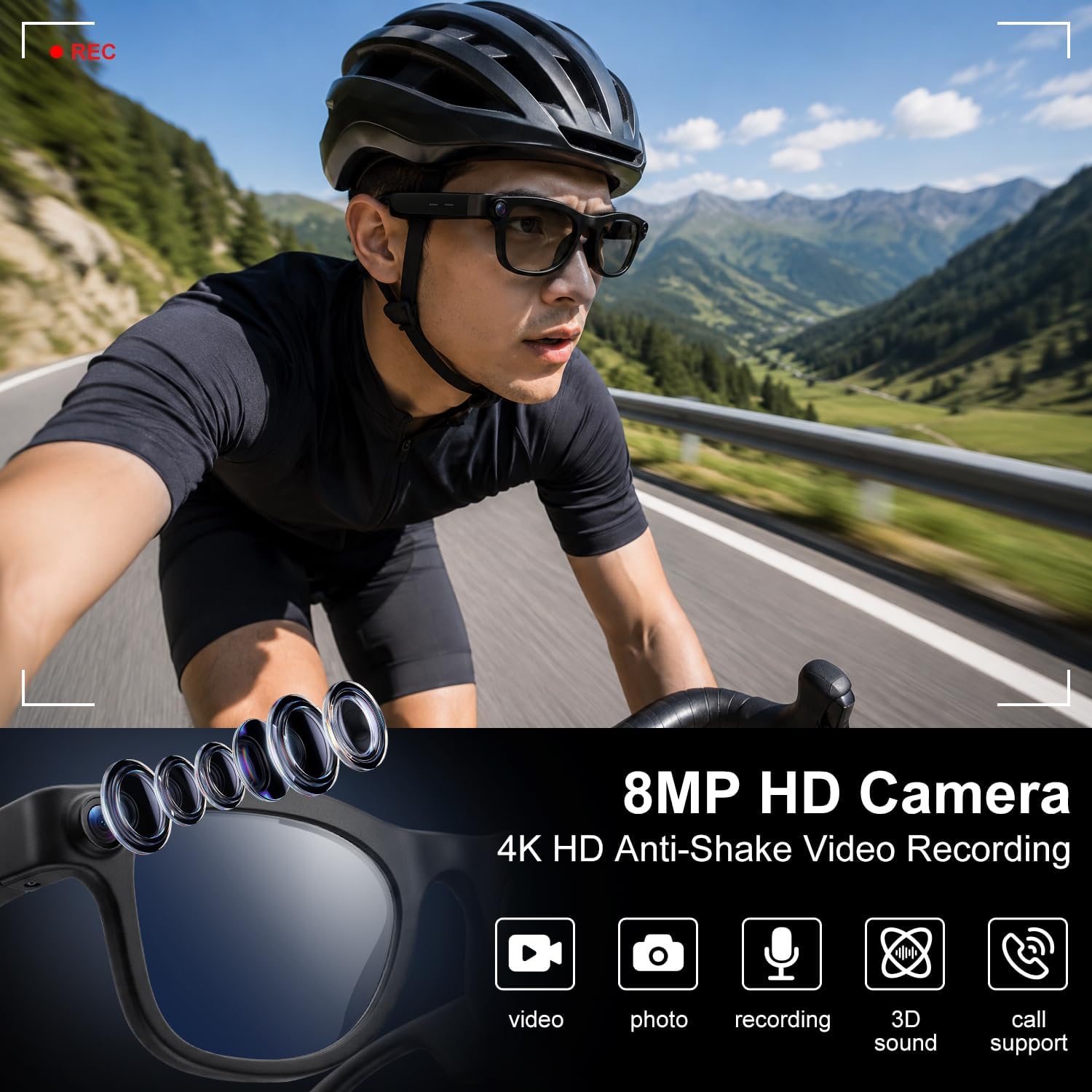 AI Smart Glasses with 8MP Camera, 4K HD Anti-Shake Video & Photo Capture, Real Time Translation, AI Voice Assistant, Open-Ear Bluetooth Audio, Recording Sunglasses for Travel/Vlog/Work