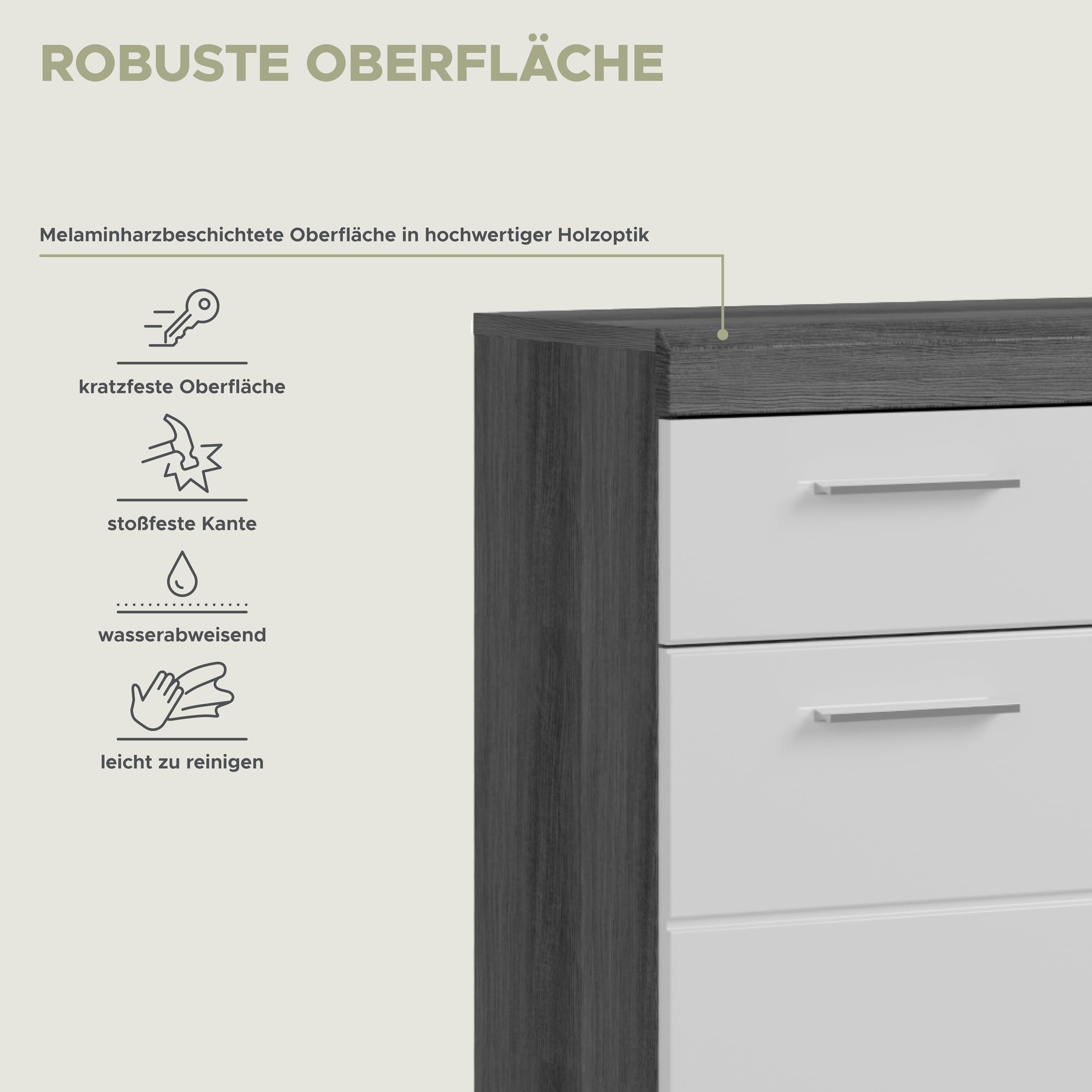 xonox.home - Standschrank breit Scout 74x88x31 cm in rauchsilber und weiß Hochglanz - Midischrank Badschrank Unterschrank Badezimmerschrank - Zeitloses Design und erstklassige Qualität – Bild 4