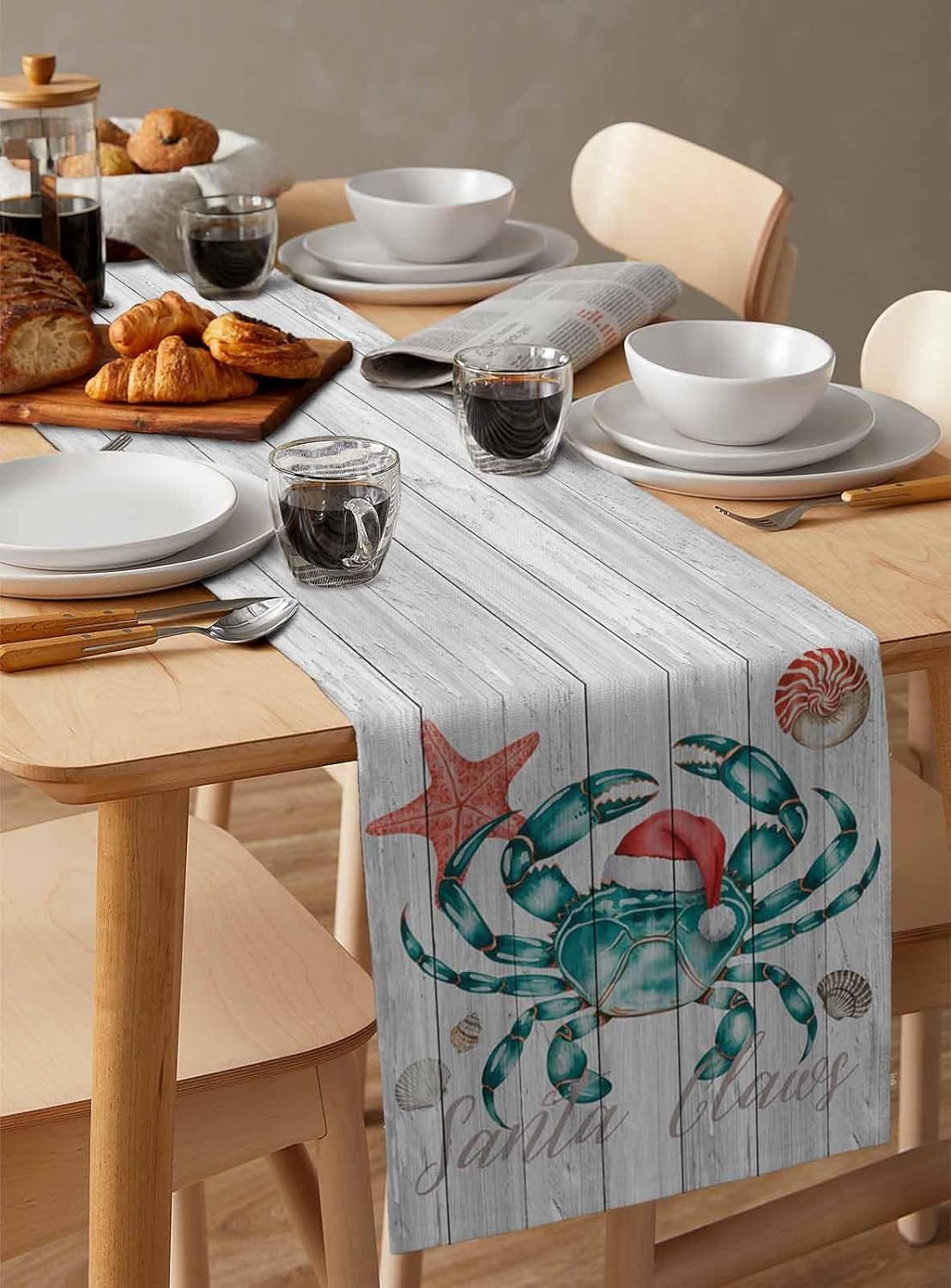 Christmas Crab Table Runner - 120 Inch Long Xmas Snata Claus Coastal Starfish Wood Cotton and Linen Blended Dress Scarves Farmhouse Table Runner for Kitchen Dining, Coffee Table, 13" x 120"