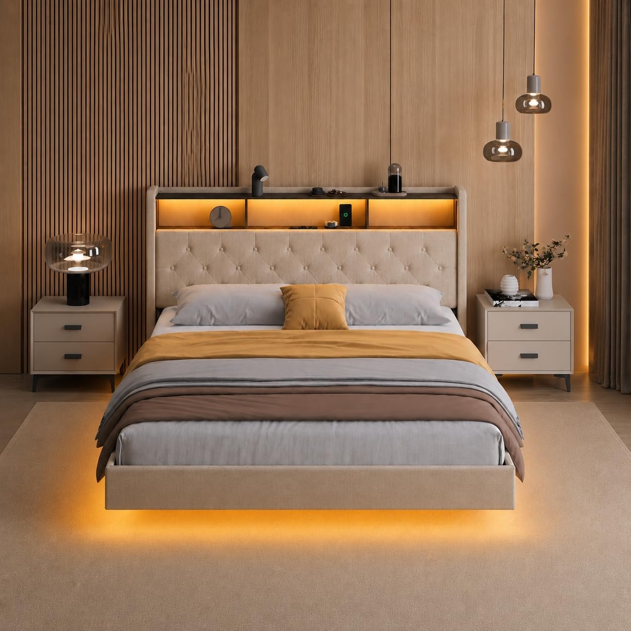Xbro Letto Matrimoniale 140x200 Fluttuante LED RGB con Prese TYPE-C