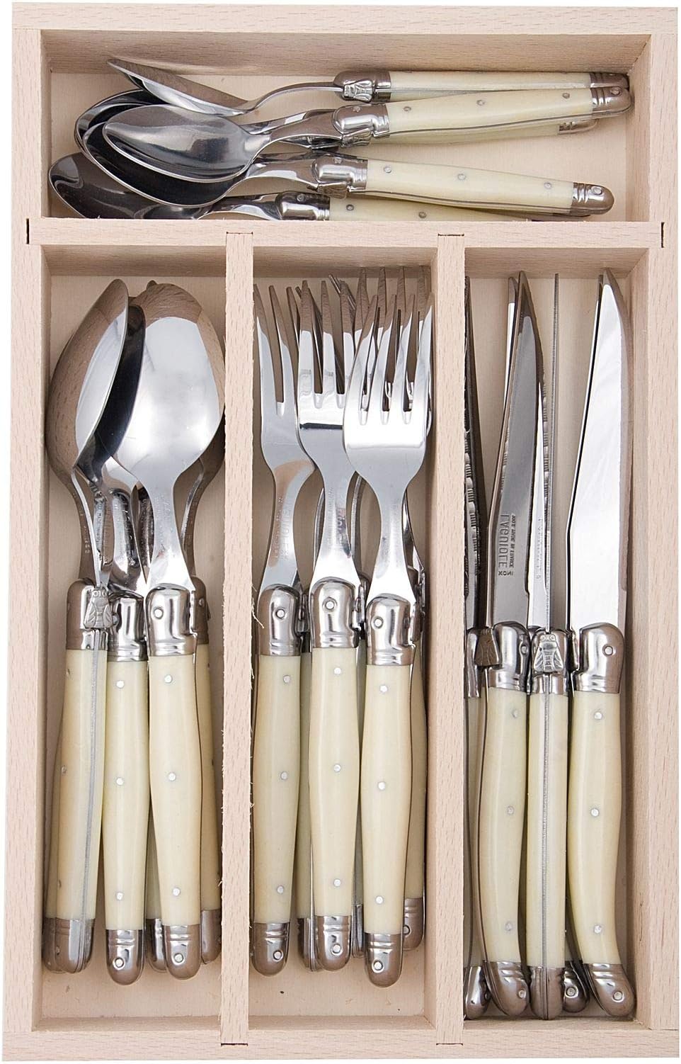 Jean Dubost 24 Piece Set Everyday Flatware Set With Handles, Laguiole, In a Tray With A Wine Savant Microfiber Cleaning Towel (2 Piece Bundle) (Ivory)