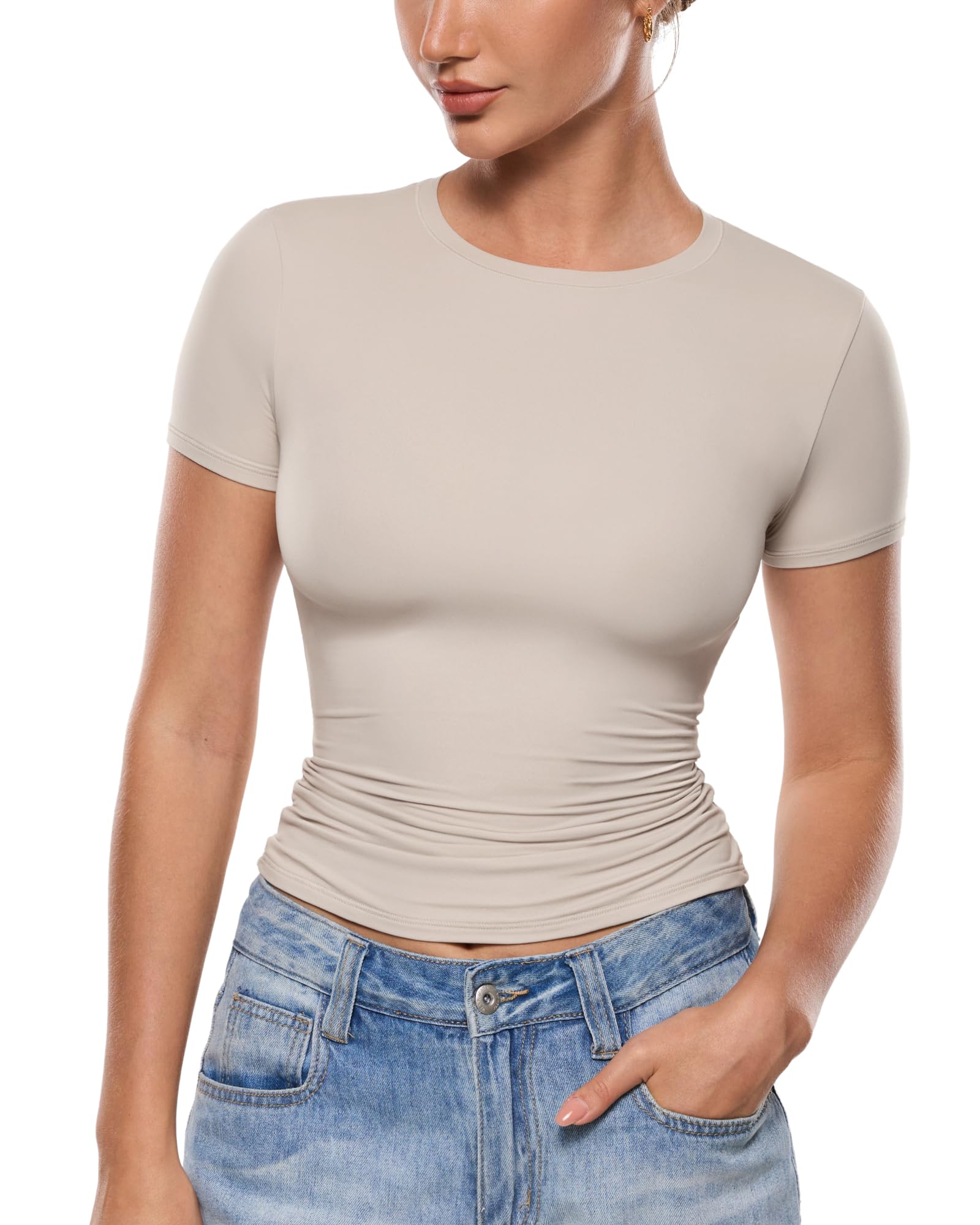 INLYRIC Women's Inbarely Ultra Short Sleeve Tops Crew Neck Double Lined Going Out Slim Fit T Shirts Summer Basic Tees