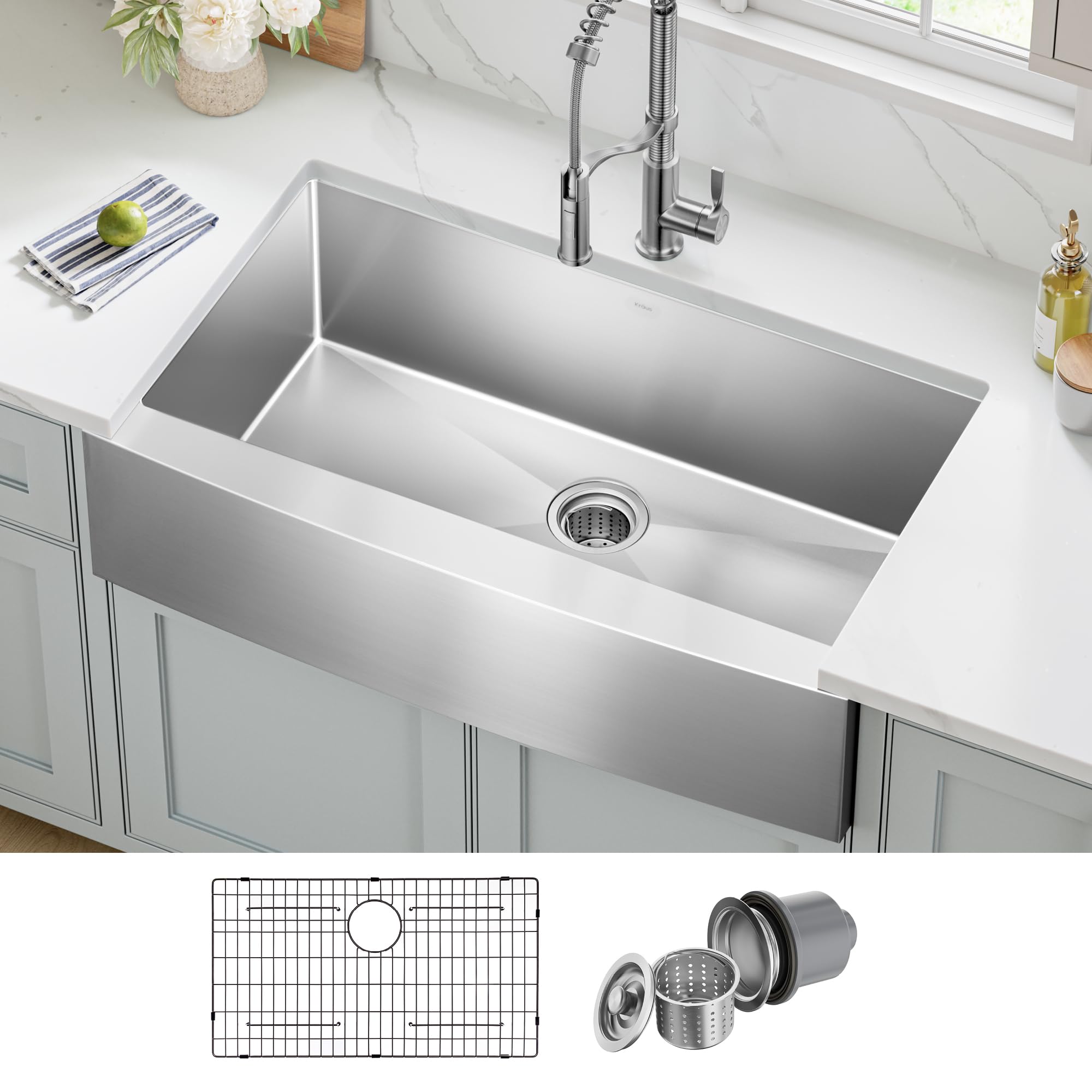 Kraus KHF200-36 Standart PRO Kitchen Stainless Steel Sink, 36 Inch Round Apron Single Bowl