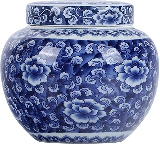 Blue and White Porcelain Round Ginger Jar with Lid, Ceramic Chinoiserie Chinese Style Decorative Jar for Home Decor, Storage for Snacks, Key Chains, Coffee Beans (Pure Blue)
