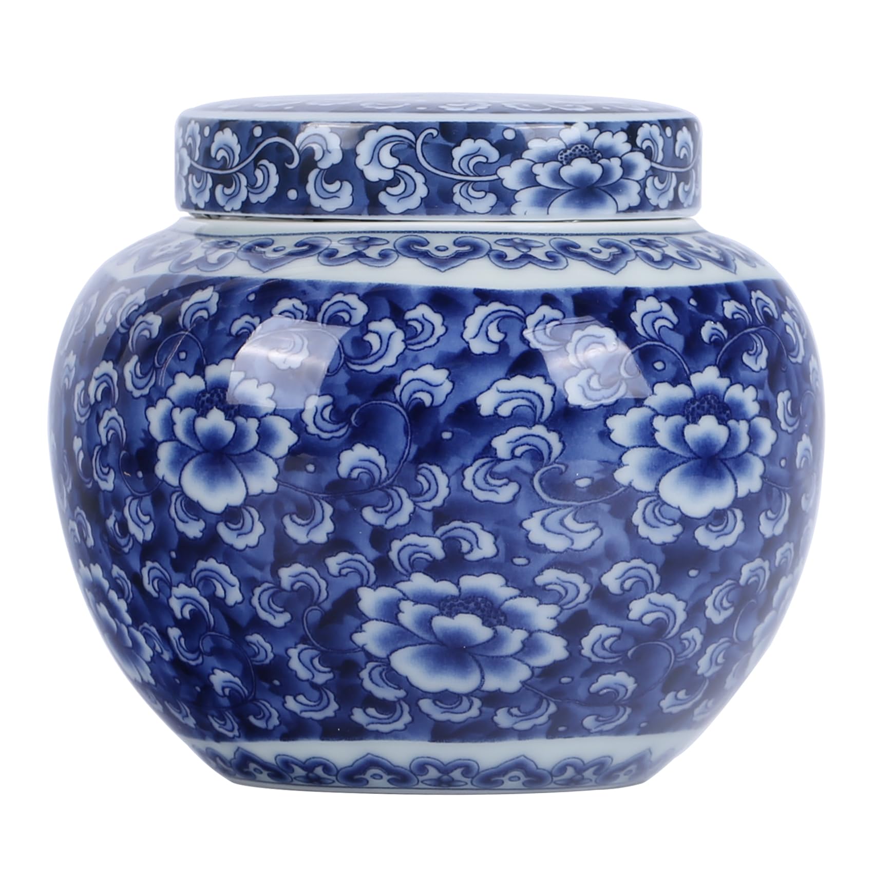 Blue and White Porcelain Round Ginger Jar with Lid, Ceramic Chinoiserie Chinese Style Decorative Jar for Home Decor, Storage for Snacks, Key Chains, Coffee Beans (Pure Blue)
