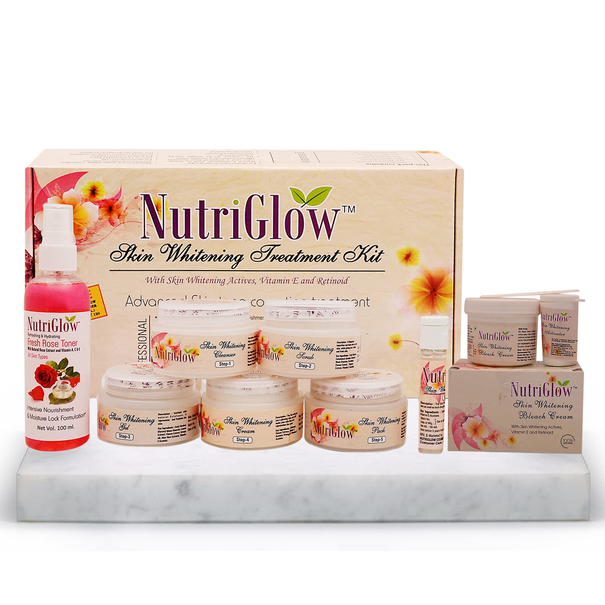 NutriGlow Facial Kit, Bleach Cream & Fresh Rose Toner with Vitamin E and Retinol for Tightens Pores & Healthy Glowing Skin, Pack of 3