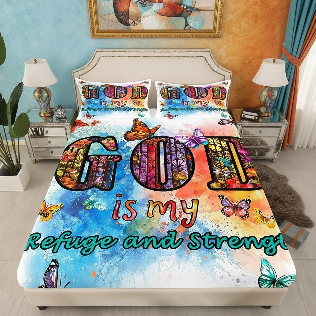 Bible Verses Christian Quotes Fitted Sheet Queen Size,Rainbow Tie Dye Bedding Set for Kids Teens Women Men Room Decor,Watercolor Butterfly Floral Bed Sheet Fashion Deep Pocket Sheet,2 Pillowcases