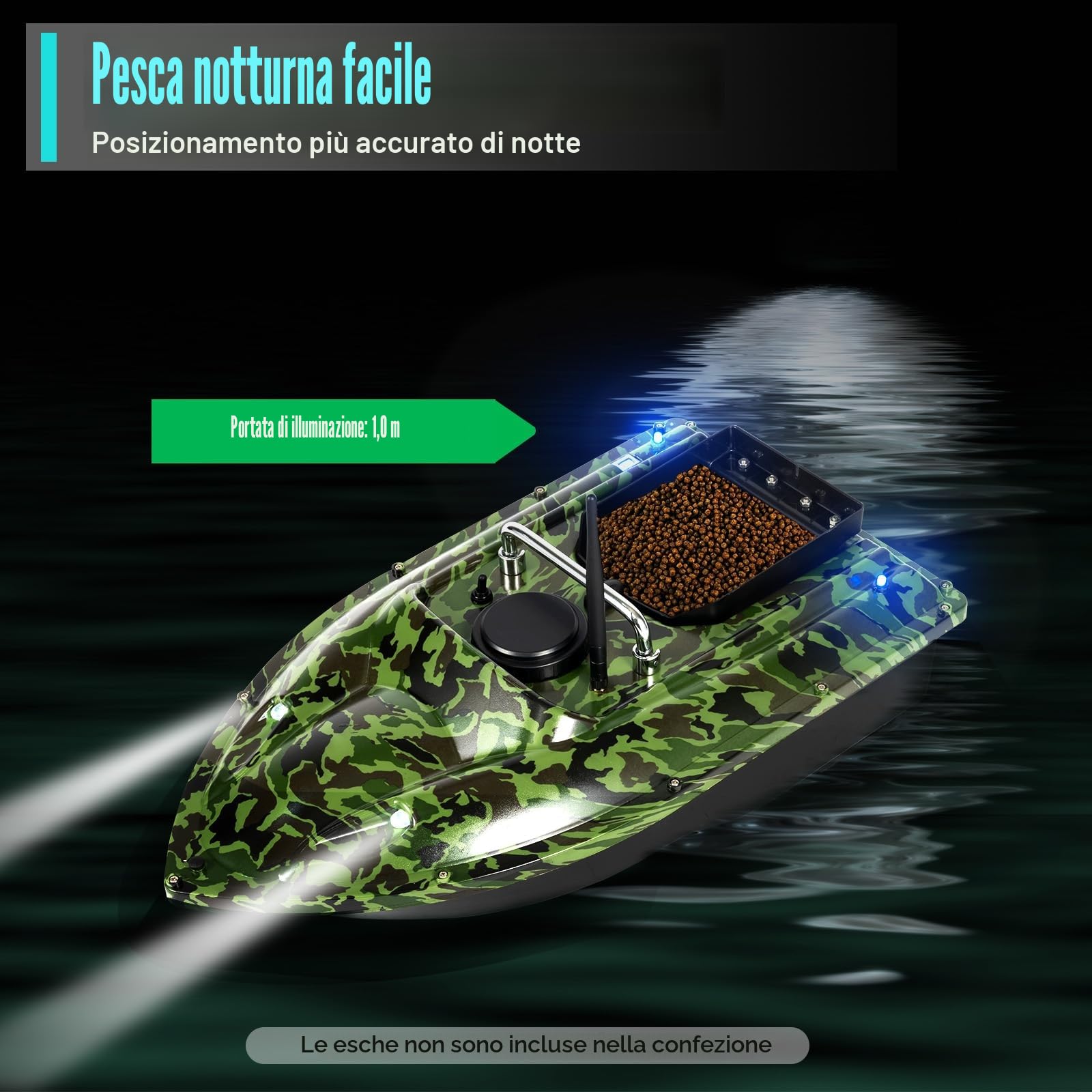Barca telecomandata Avviatore Pesca Carpa Esca senza Fili Pesca Barca di Ammorza 500 M Doppio Motori Crociera Automatica Doppio Motore, Grande Capacità 1.5 KG, Camouflage