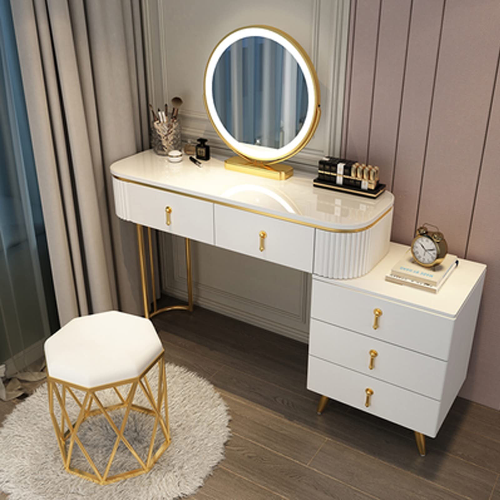 asdchZen Vanity Makeup Desk Set With Adjustable Mirror Cushioned Stool 5 Drawers Cosmetic Storage Nizer Gray+Gold 31.5 Inch,White+gold-100cm/39.4 inch