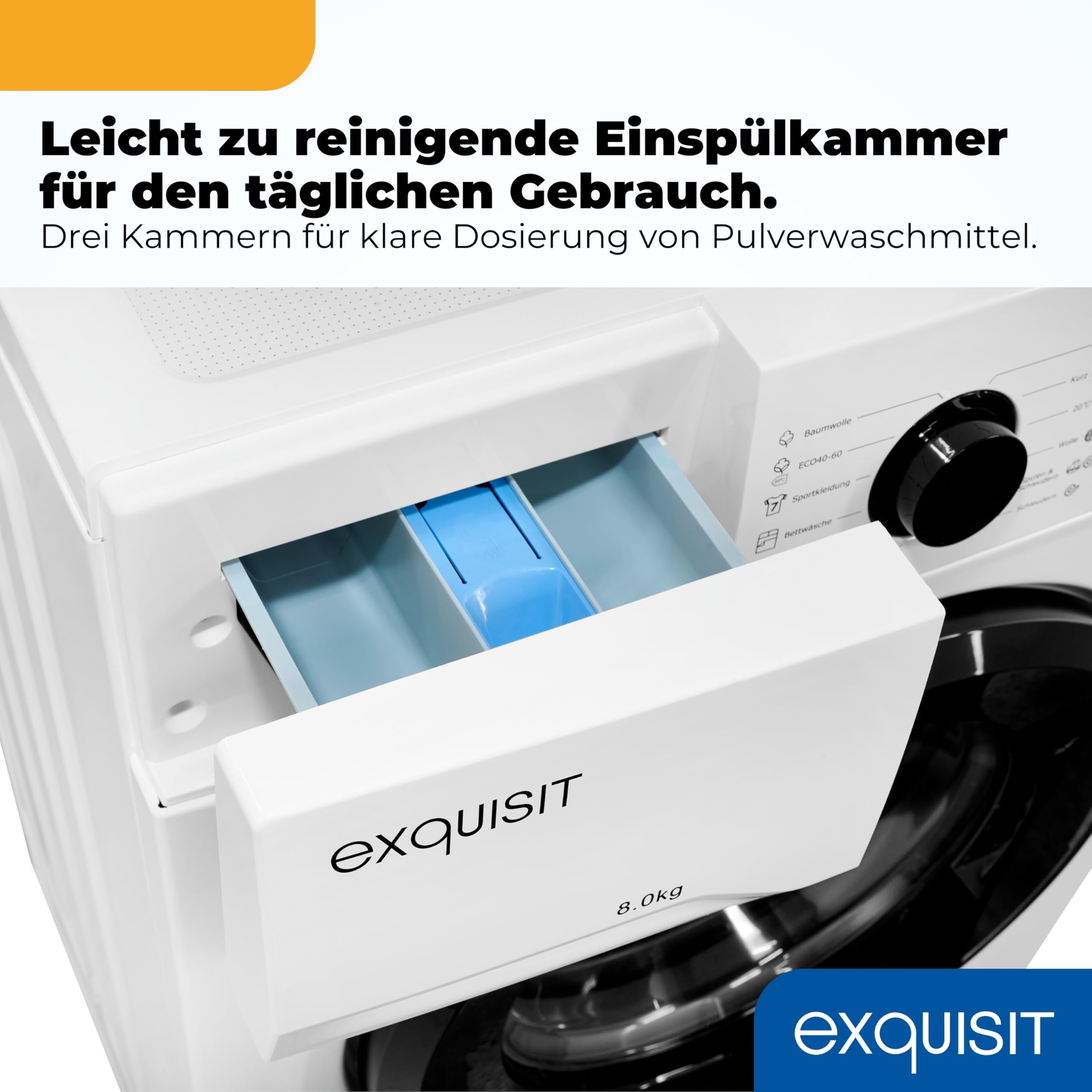 Exquisit Waschmaschine 8 kg, Energieklasse A, 1400 U/Min, 13 Programme | Frontlader mit Startzeitvorwahl, Kindersicherung, Invertermotor – ideal für Familien ab 4 Personen