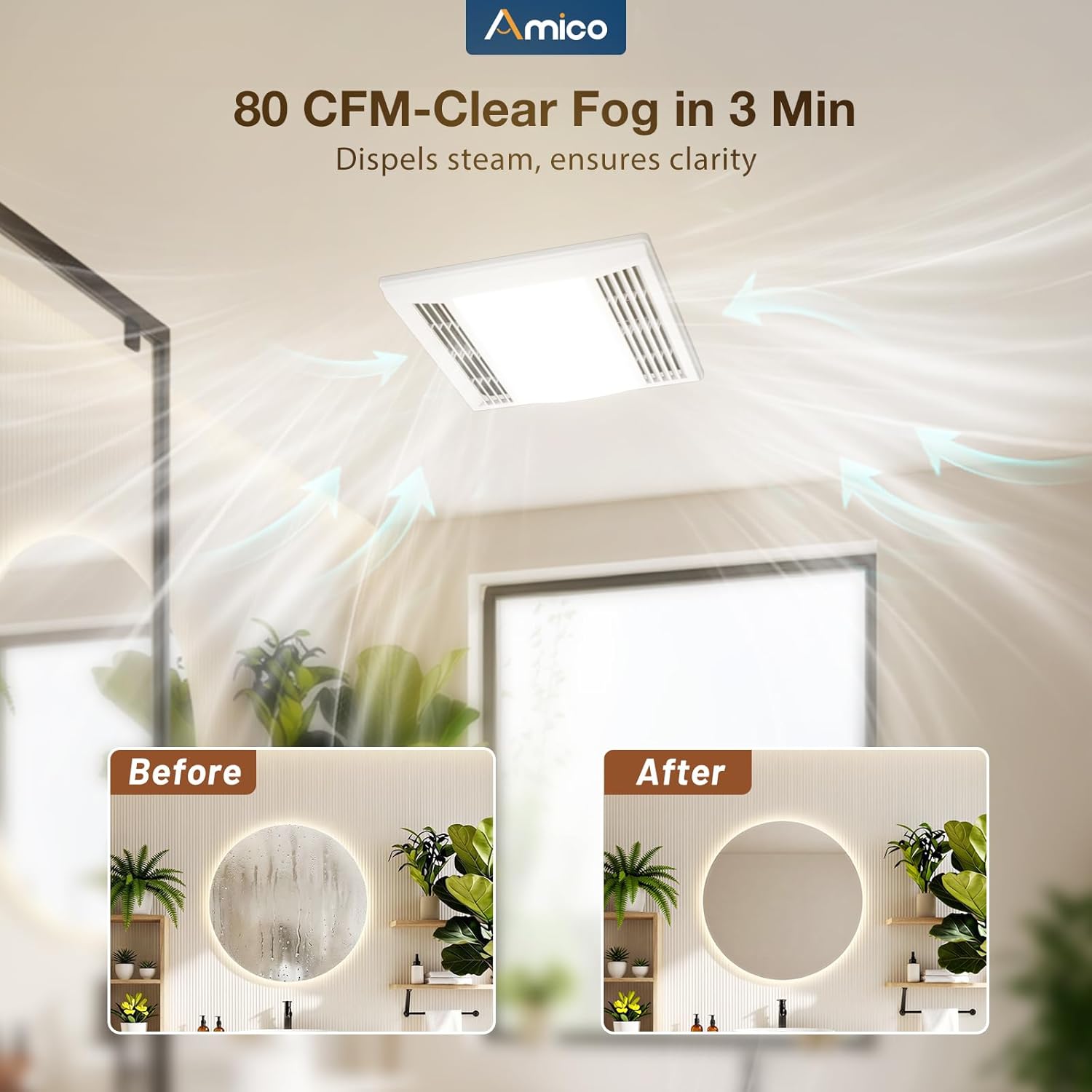 Amico Bathroom Exhaust Fan with LED Light, 80 CFM, 0.9 Sones, 1000LM, 5CCT, 90 CRI, Ceiling Mount Shower Ventilation Fan, No Attic Access Needed, 4 Inch Duct, ETL & FCC