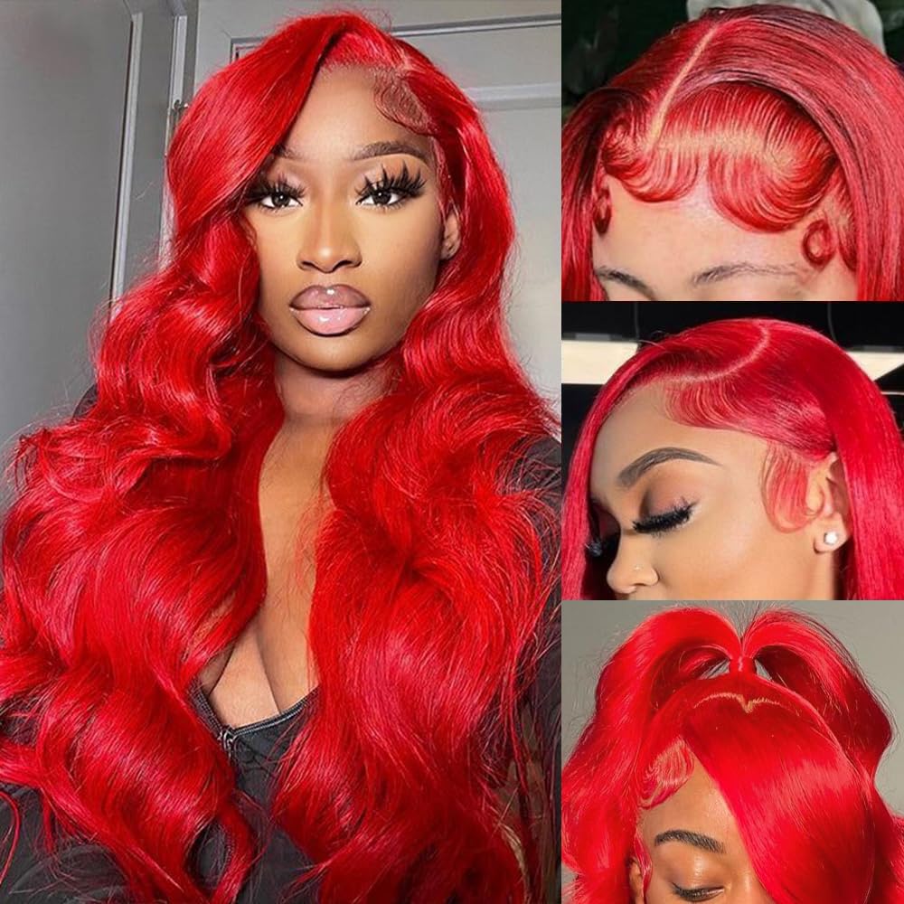 Manyisi 28 Inch Red Human Hair Lace Front Wigs 13x4 200% Density Body Wave HD Lace Front Colored Wigs Human Hair Bright Red Wig Human Hair Pre Plucked