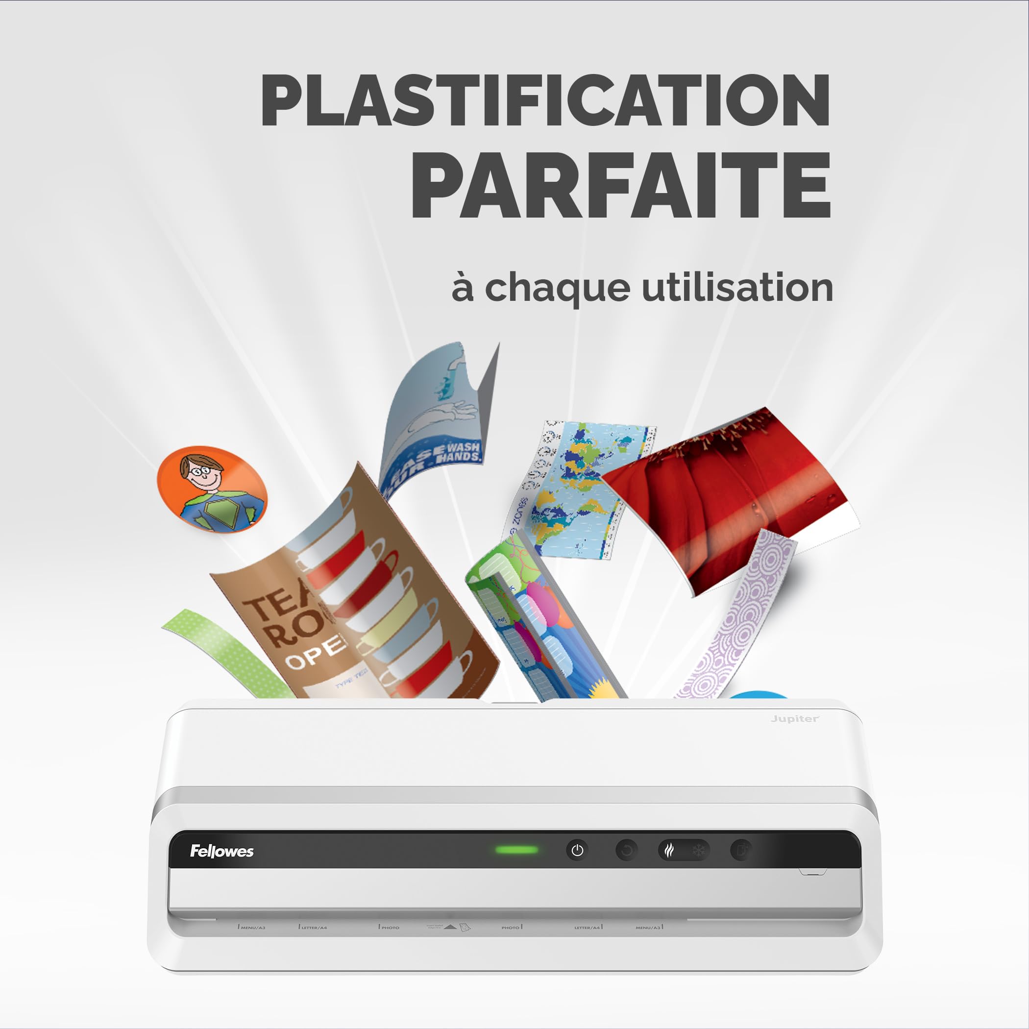 Fellowes Plastifieuse Jupiter A3, pour plastifier à chaud des pochettes de 80 à 250 microns, usage intensif, marche arrière automatique, comprend 10 pochettes de plastification, blanc | Plastification à chaud 80-250 microns, Usage intensif, Marche arrière