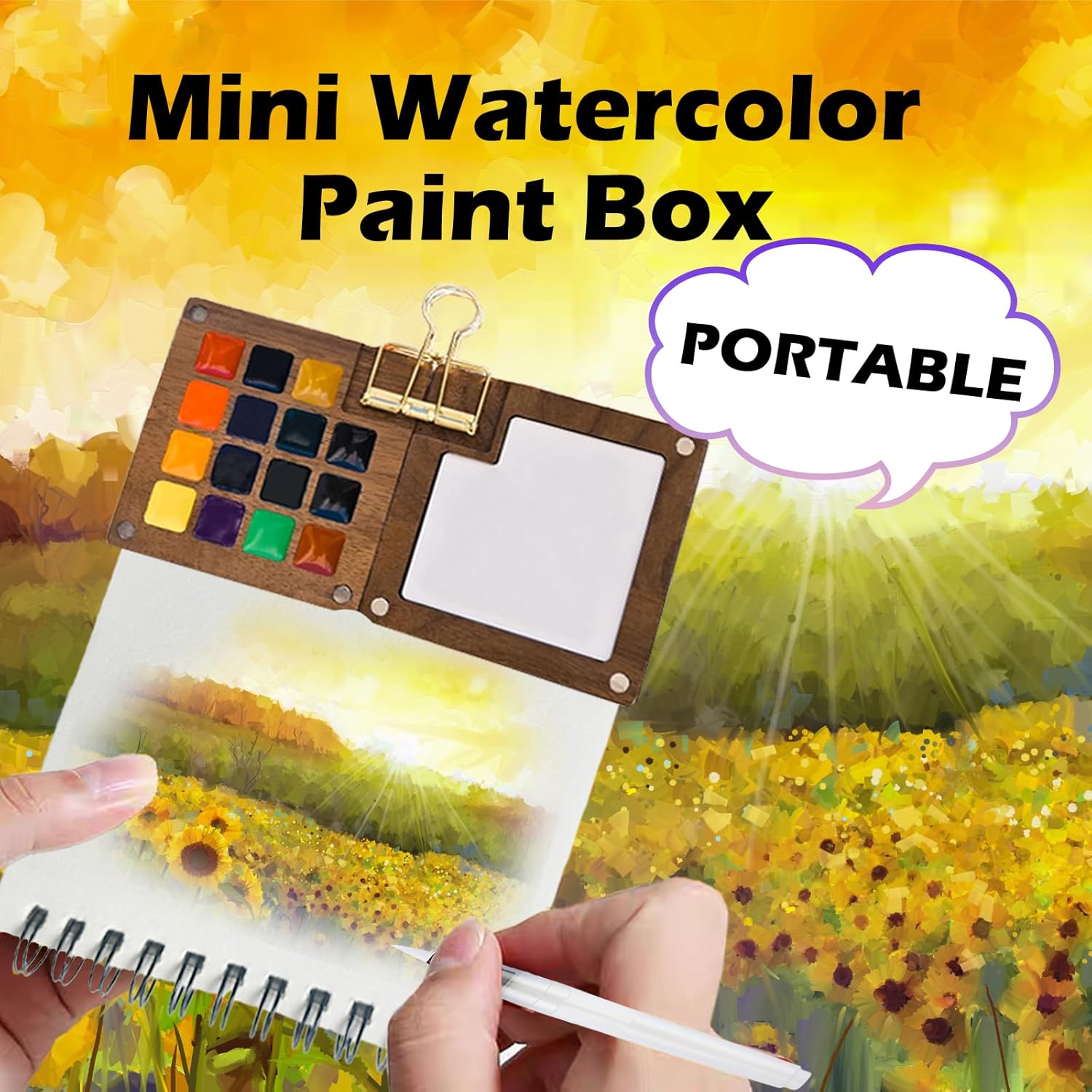 Mini Watercolor Paint Set, Portable Travel Art Kit with 12-Color Paint, 6 Brushes, 2 Sketchbooks & Crossbody Bag - Ideal for Artists & Beginners (walnut color)