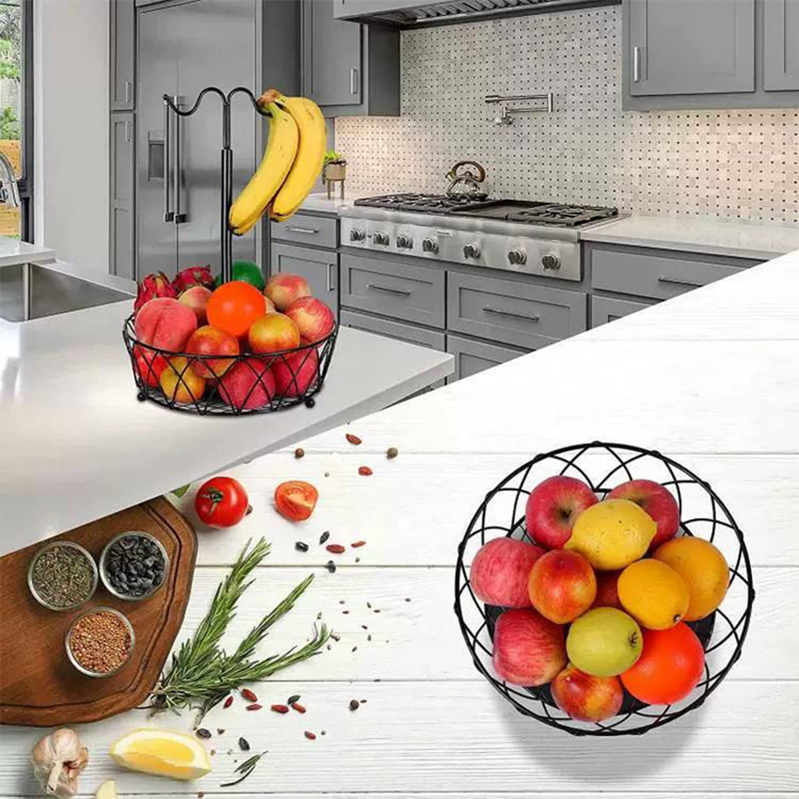Cesta de Frutas de 2 Niveles con Colgador de Plátano, Alambre de Metal, Cesta de Almacenamiento de Frutas Y Verduras, Soporte Organizador de Frutas Extraíble, Soporte Grande para Cuencos de(A)