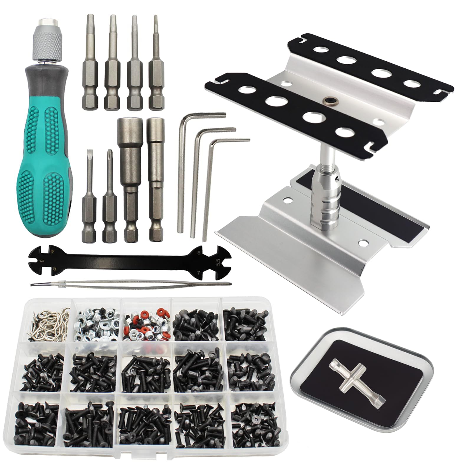 RC Car Repair Work Stand Repair Tool Set 360 Degree Rotation and 523 PCS RC Screws Kit & RC Screwdrivers and Screws Pallet Kit for 1/8 1/10 1/12 1/16 1/18 RC Crawler Car Truck Buggy (Silver)