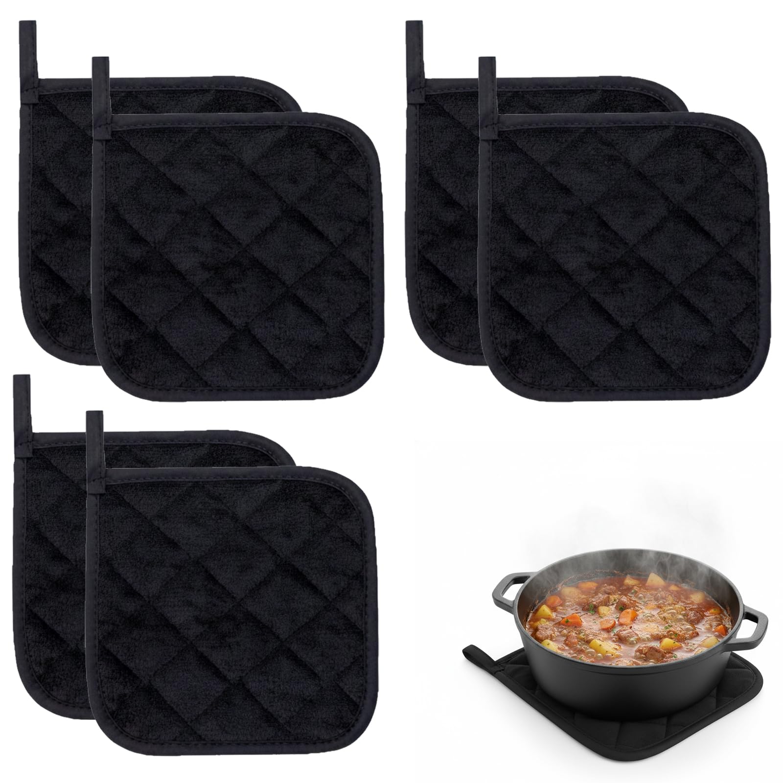 6 PCS Hot Pads, Pot Holders Heat Resistant, Multipurpose Liner, Durable Potholders & Oven Gloves for Kitchen Cooking & Baking, Protection Of Hands From Hot Utensils (Black)