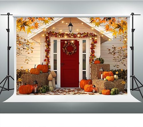 VIDMOT Fall House Red Door Backgrund 7x5ft Autumn Pumpkin Maple Leaf Background for Thanksgiving Party Decor Photo Shoot Porch Haystack Backdrop