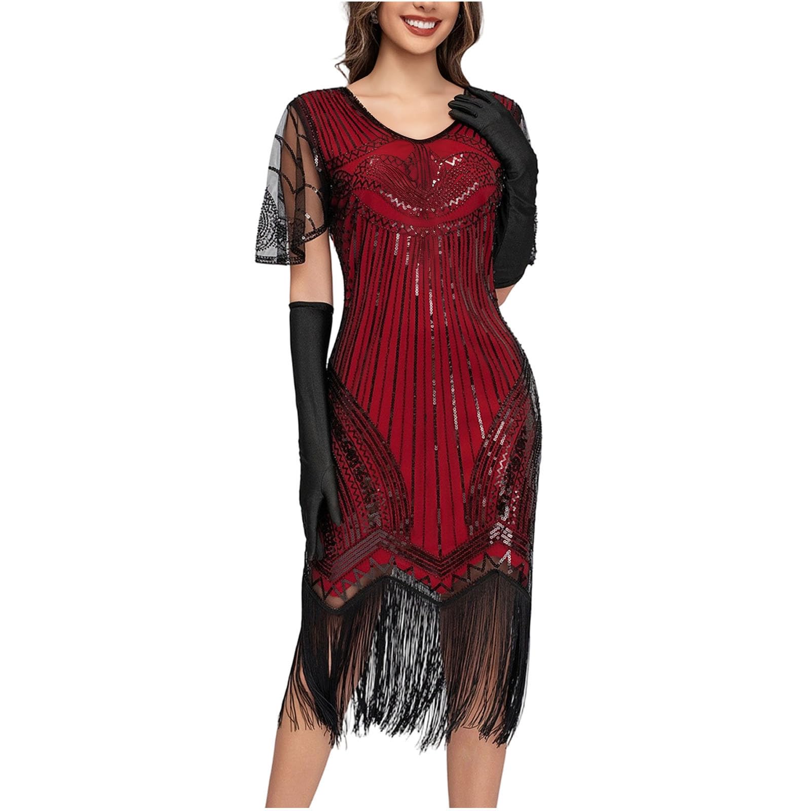 Sequin Dress 1920s Flapper Dress Vintage Beaded Gatsby Flapper Evening Prom Roaring Dresses Sequin Fringe 20s Speakeasy Party Theme Dresses Costumes Cothing Wear 20s Accessories Mafia Costume Red