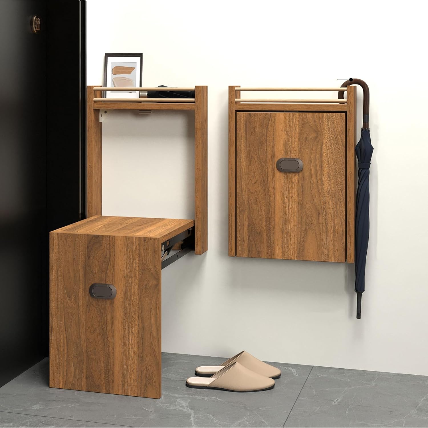 Wall Mounted Folding Shoe Changing Stool, Foldable Bathroom Seating Space Saving Wood Fold Down and Up Chair for Entryway, Bedroom, Hallway, Living Room, Walnut