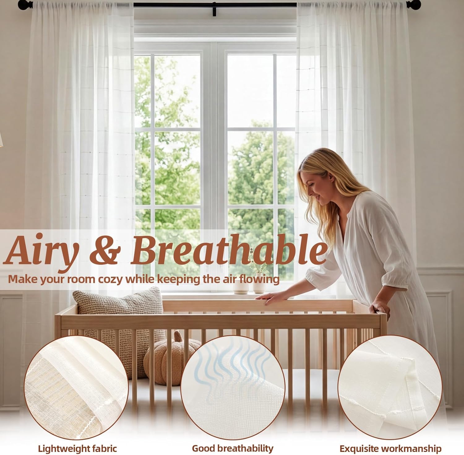 White Sheer Curtains 84 Inches Long Faux Linen Curtains with Stripe Pattern Light Filtering Privacy Rod Pocket Aesthetic Drapes for Living Room Bedroom Sliding Door, 52" W X 84" L,Pack-2