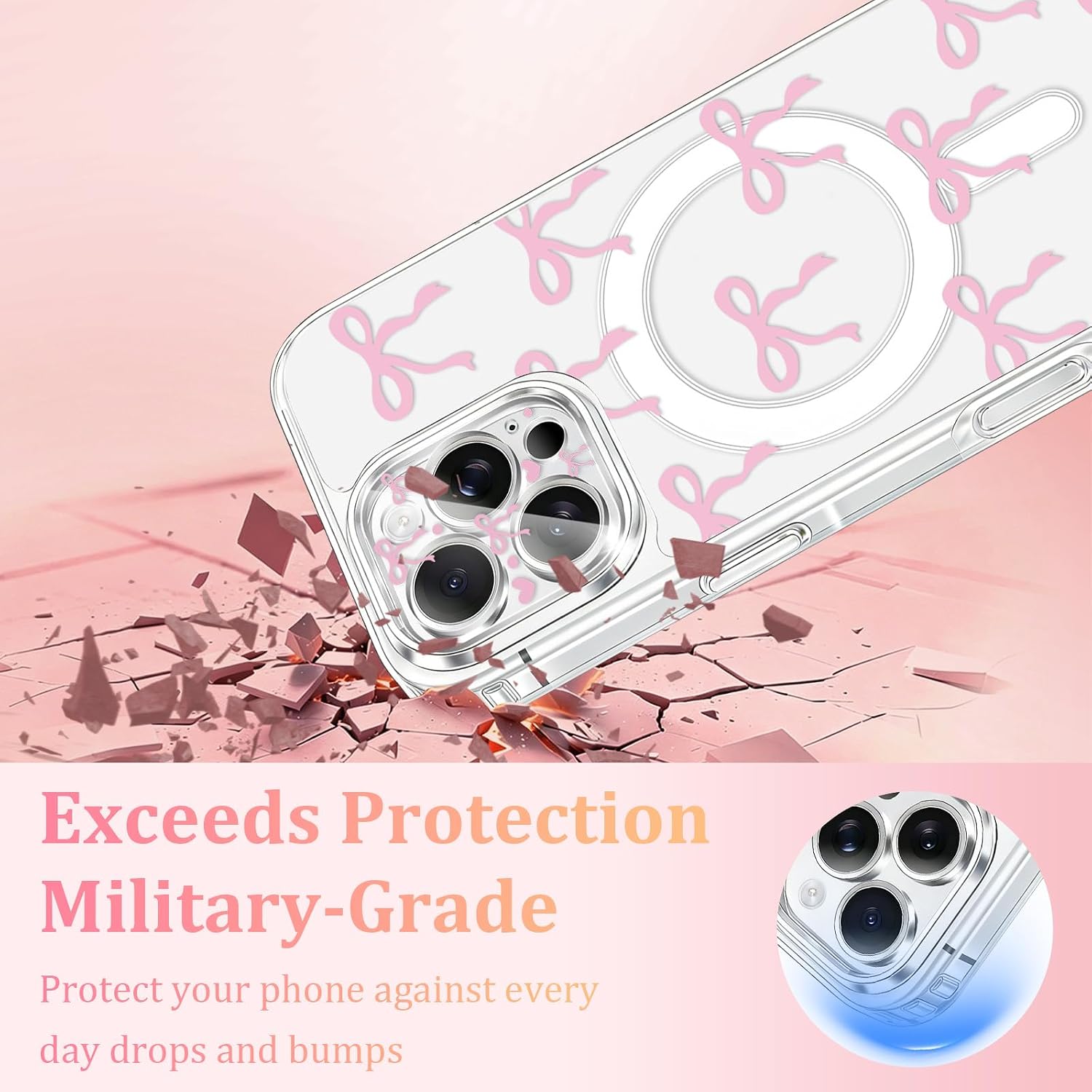 Bow Print Clear Case for iPhone 16 Pro, 3-in-1 Set with 9H Screen Protector & Camera Lens Cover, Anti-Yellowing Shockproof Cute Pink Bow Design, Full Protection Girly Phone Accessories,Pink image 5