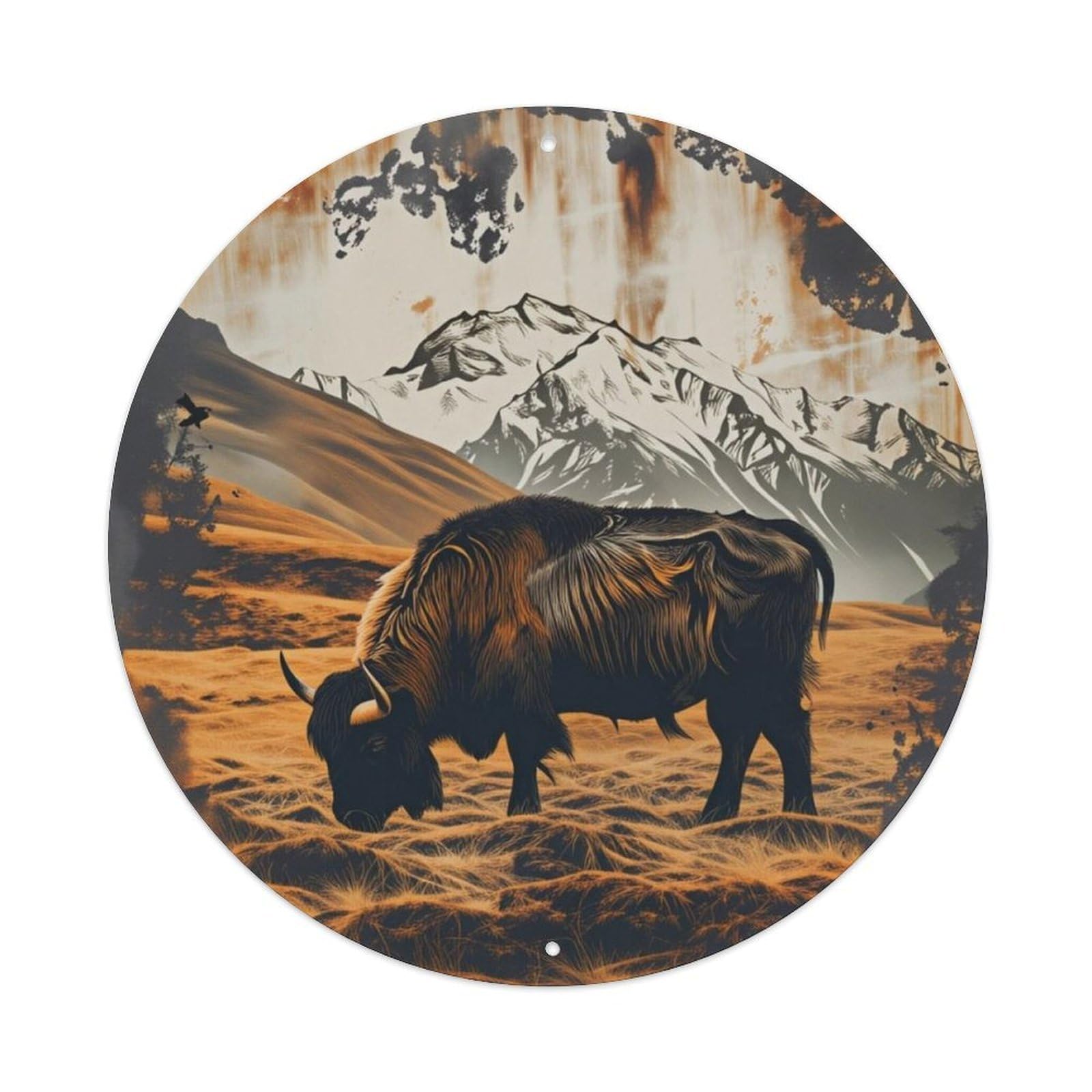Wild Yak Mountain Landscape Round Decor Sign Vintage Aluminium Metal Sign, Retro Wall Decor for Home, Bar, Garage & Farmhouse 20x20cm