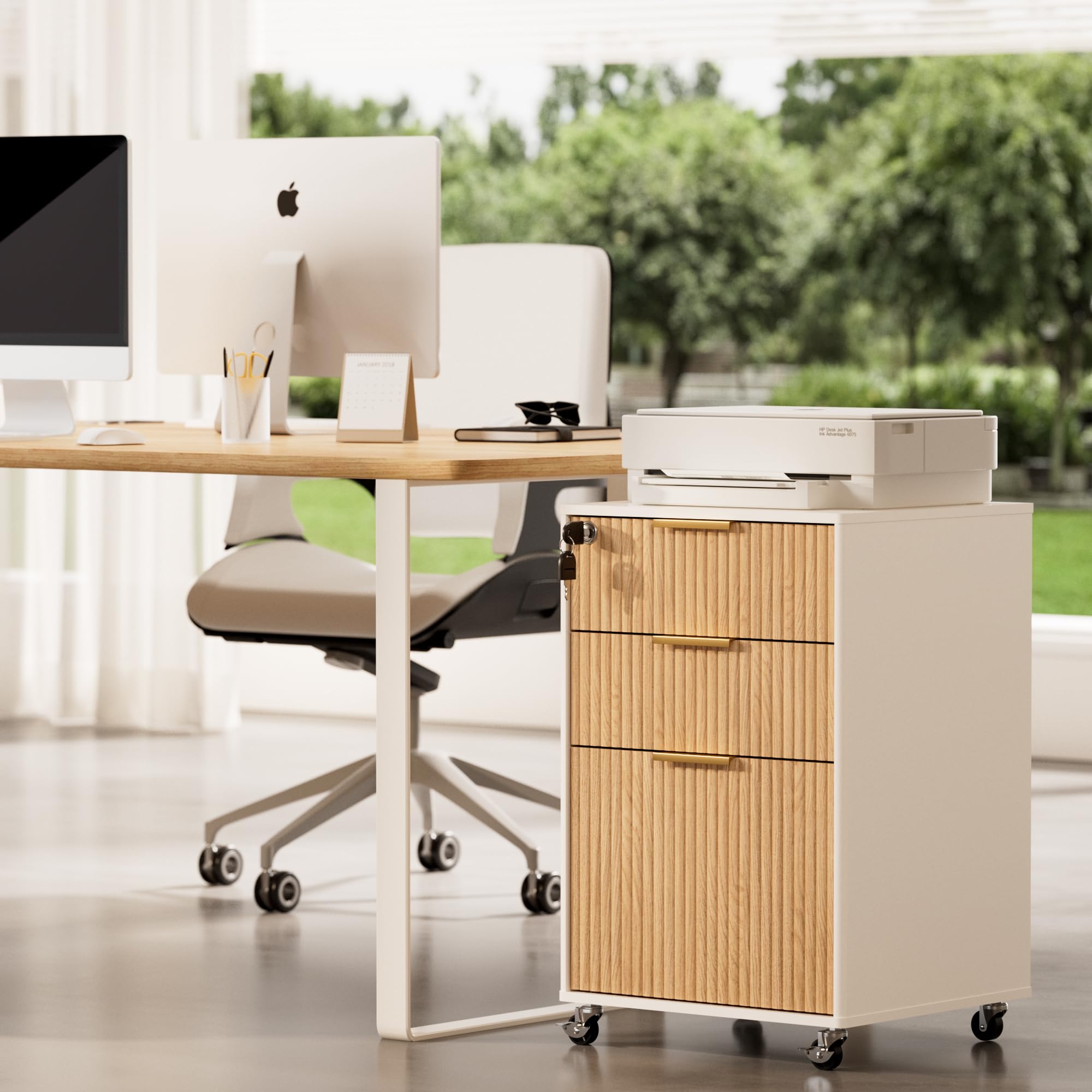 3 Drawer Mobile File Cabinet with Lock, Rolling File Cabinet, Under Desk Wooden Filing Cabinets for Home Office