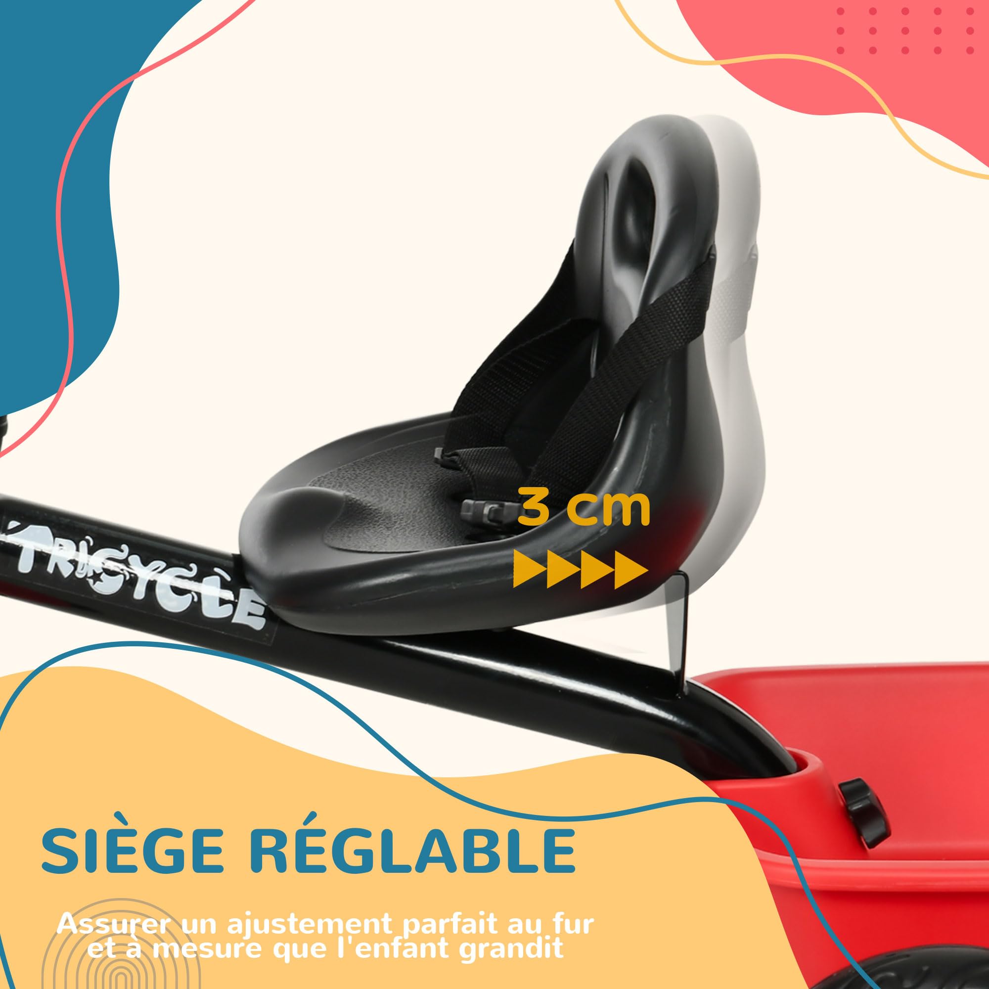 AIYAPLAY Tricycle pour Enfant évolutif avec siège réglable - pédales - 2 paniers - Ceinture - pour Enfant de 2 à 5 Ans - Rouge et Noir