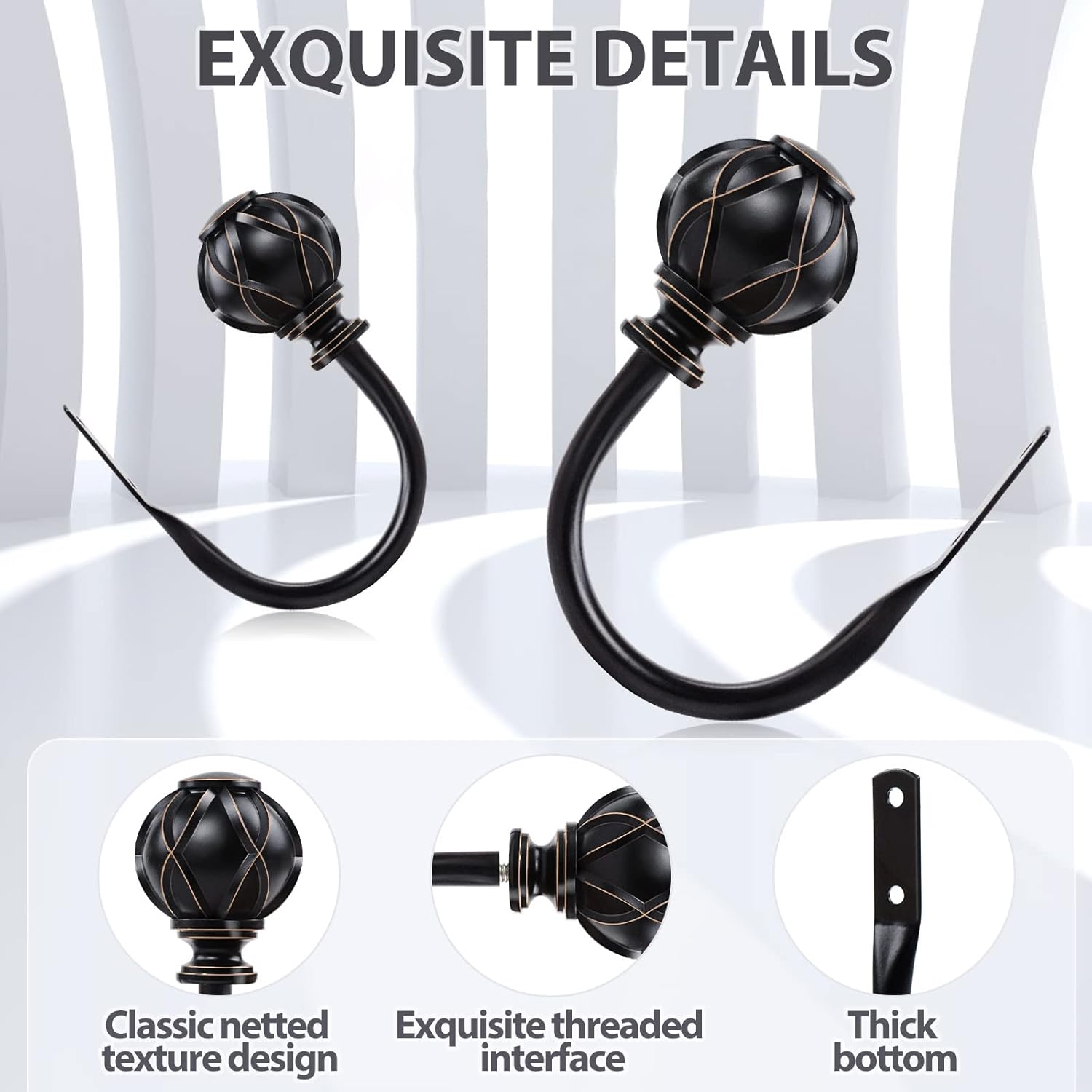 KAMANINA Bundle of 140-195" Double Curtain Rod and Matched Holdbacks 1 Pair, Netted Texture Finials, Black