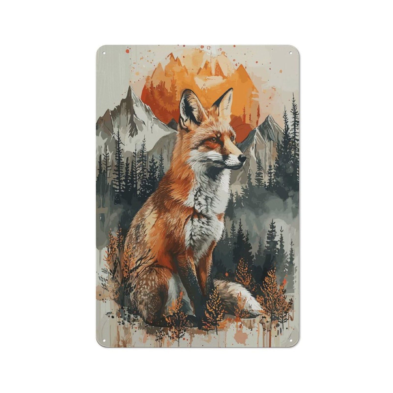 Fox Sunset Watercolor Distressed Look Metal Wall Decor 30x20cm, Vintage Tin Sign for Living Room, Hallway, Kitchen Or Cafe