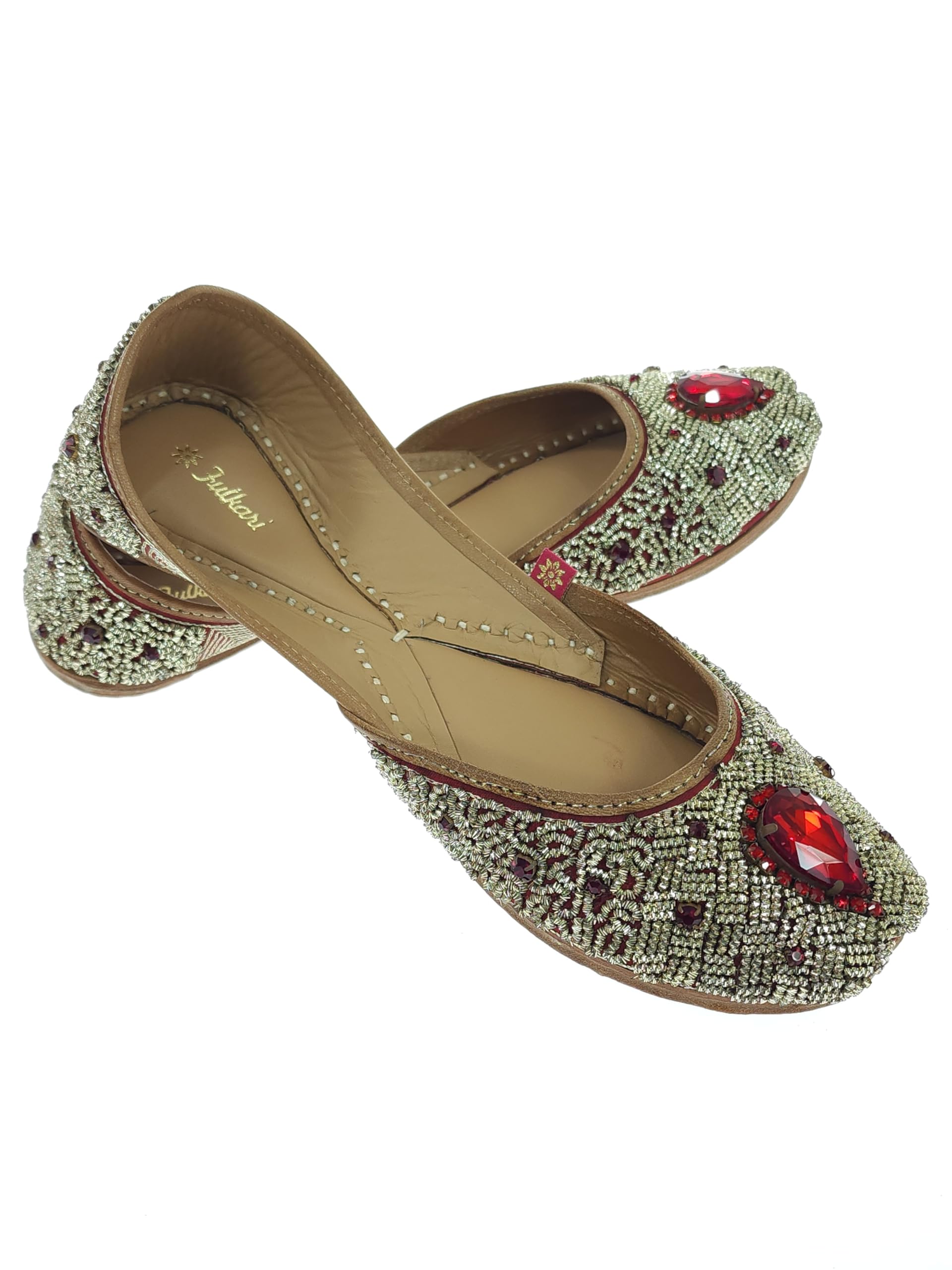 Women's Ruby Stone Genuine Soft Leather Embroidered Jutis | Bite and Pinch Free Jutti | Punjabi Formal Juttis | Girl's Wedding Flat Ladies Mojari | Formal Ethnic Juti |-image-38