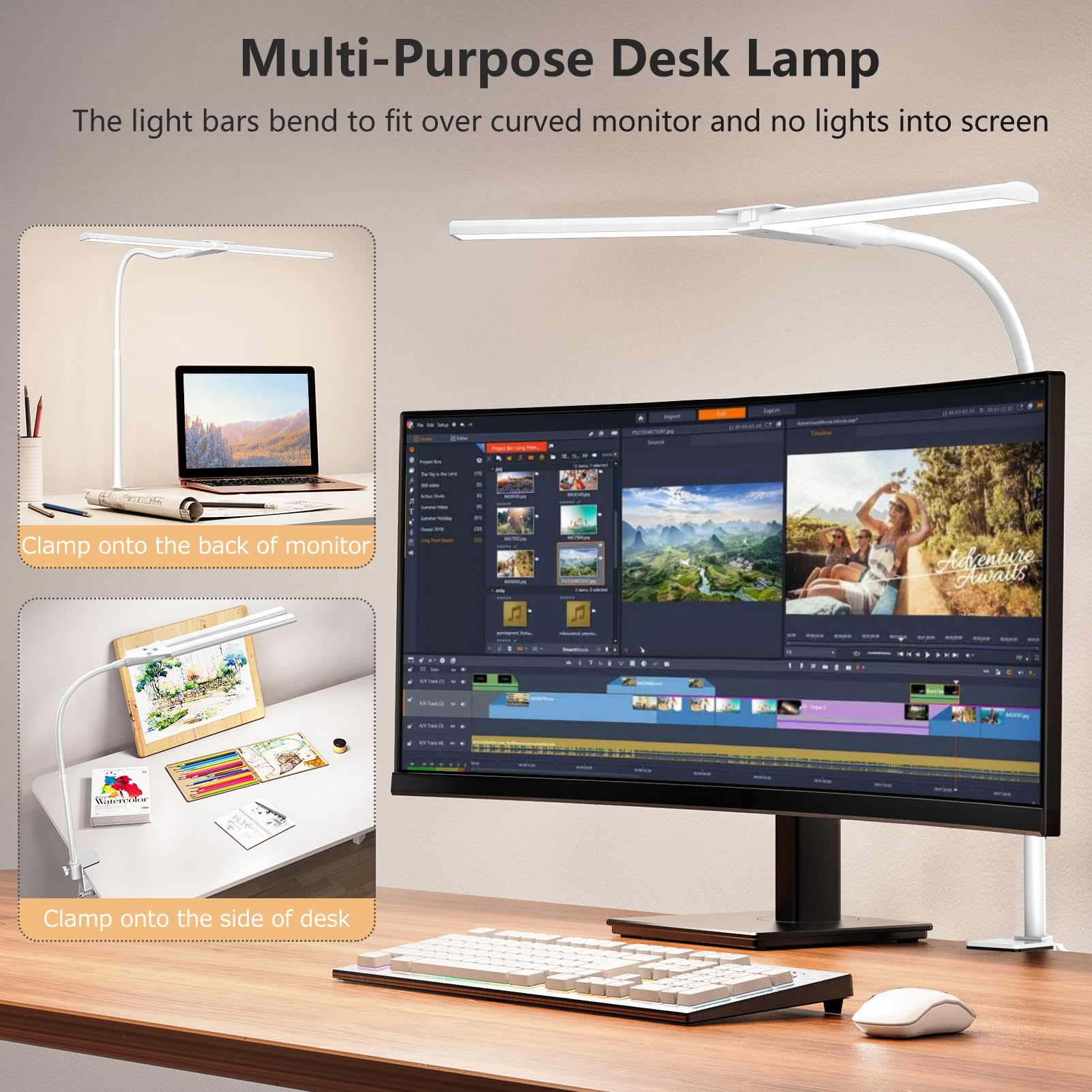 EppieBasic Lampe de Bureau Double Tête Réglable avec Pince Blanche