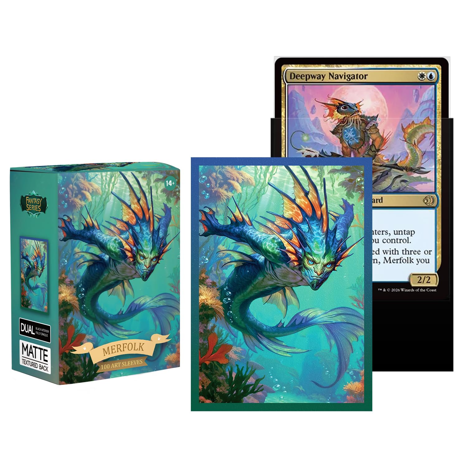 Katomula 100 MTG Card Sleeves with 100 Inner Sleeve, Textured Back Art Sleeves, Fit Standard Size Cards- Merfolk - 2