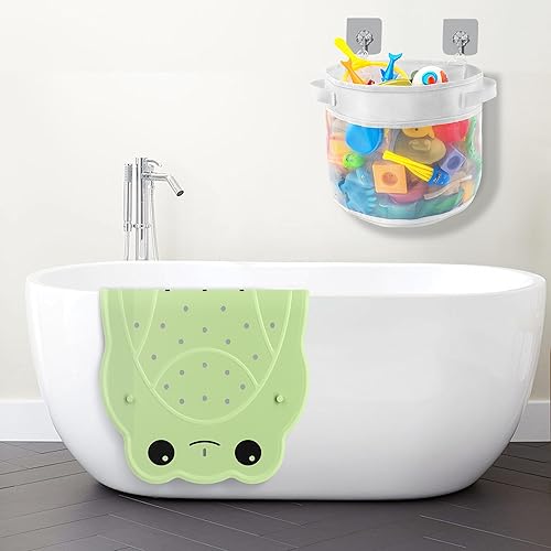 UNEEDE Kids Bath Mat & Bathtub Toy Holder Bundle Kit | Non-Slip Frog Shower Mat + Wall-Mounted Mesh Organizer with Drain Holes | Baby Bath Safety Essentials (30"x18" + 4.15 Gallons)