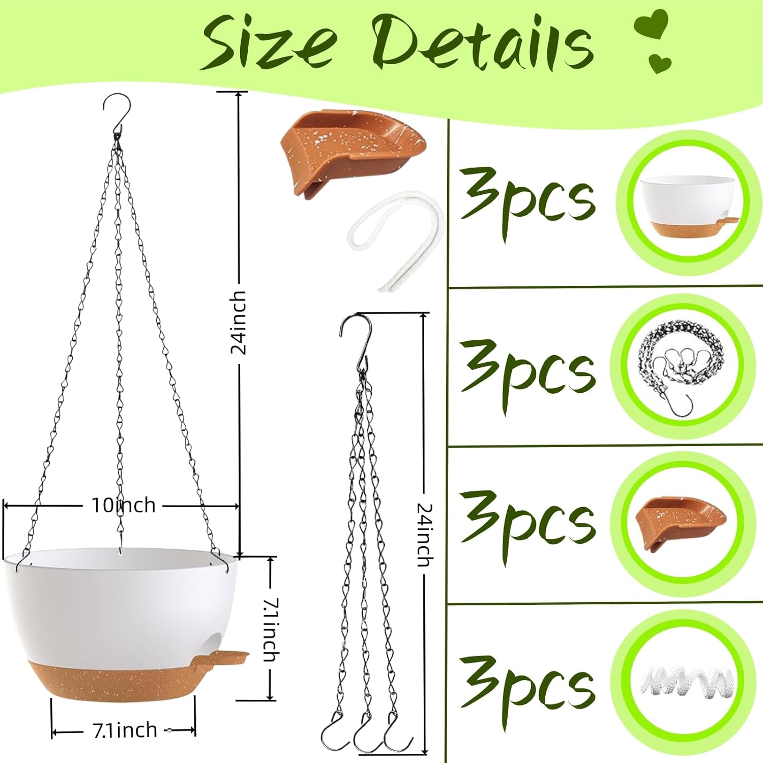 3 Pack Hanging Planters for Indoor Outdoor Plants, 10 Inch Self Watering Hanging Pots for Plants, Plastic Hanging Flower Baskets for Plants Hanger with Drainage and Tray, Chain (White Brown)