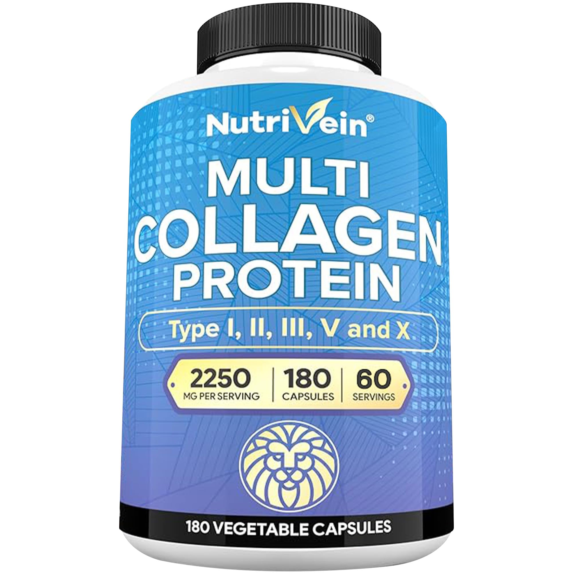 Nutrivein Premium Multi Collagen Pills 2250 mg - 180 Easy-to-Swallow Collagen Capsules: Type I, II, III, V, X Hydrolyzed Protein Peptides for Women and Men - Aging, Joints, Hair, Skin, Bones, & Nails