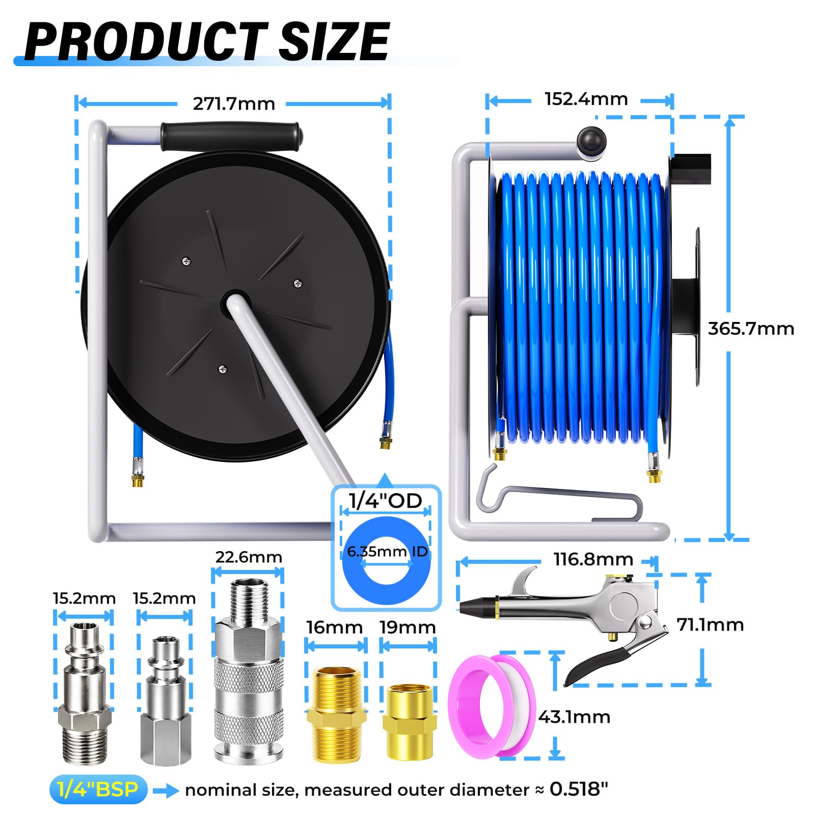 TAILONZ 1/2" x 20M Carrete Manguera Neumática con Racores 1/4" BSP | Kit completo para taller, reparación de coches, manguera retráctil, sistema neumático.