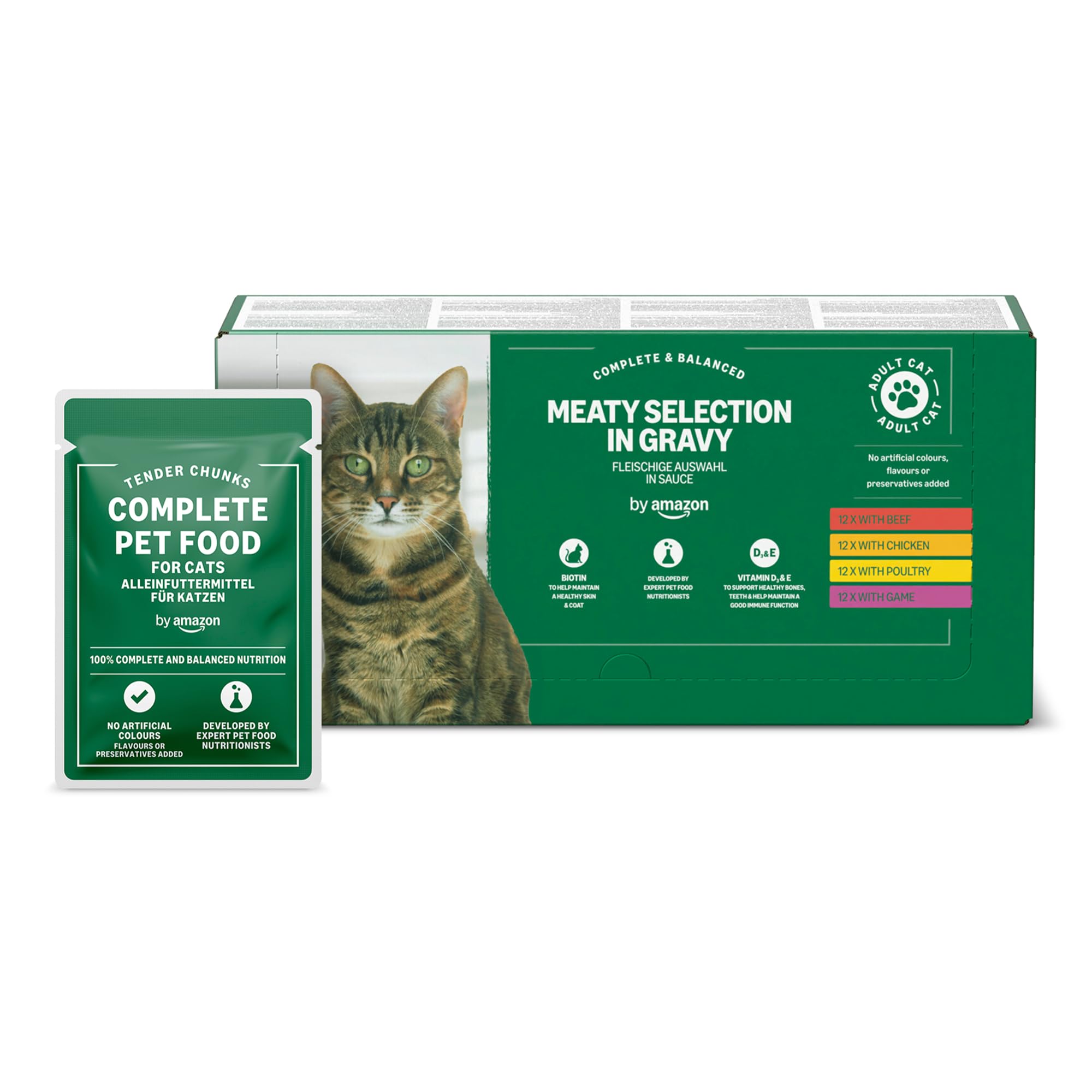 by Amazon Complete Wet Food for Adult Cats, Meat Selection In Gravy, 4.8 kg (48 pouches of 100g)