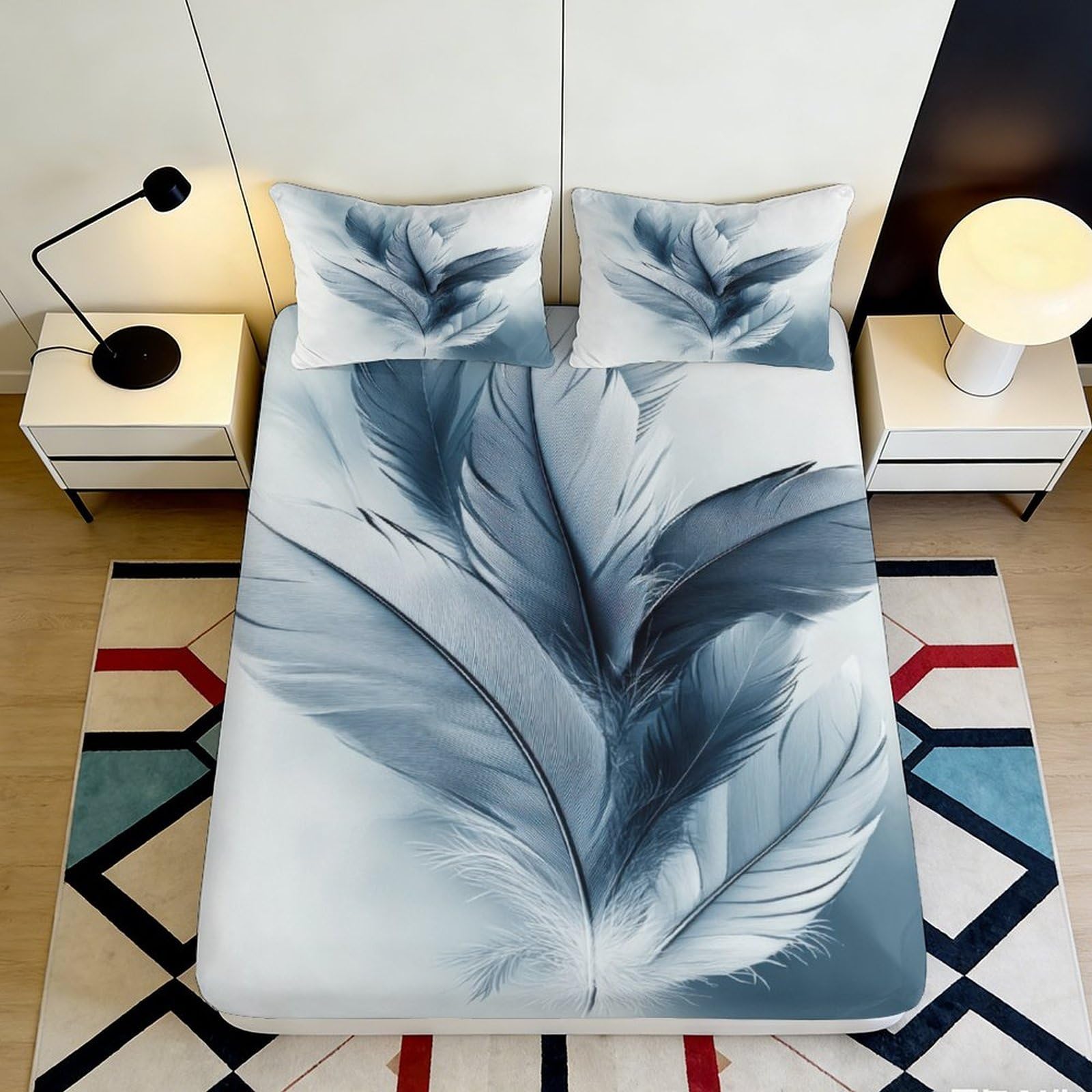 3D Printed Feather Pattern Fitted Sheet Microfiber Soft Breathable Blue Feather Mattress Cover for Bedroom Dormitory Guest Room Protection Decoration 200x200x25cm