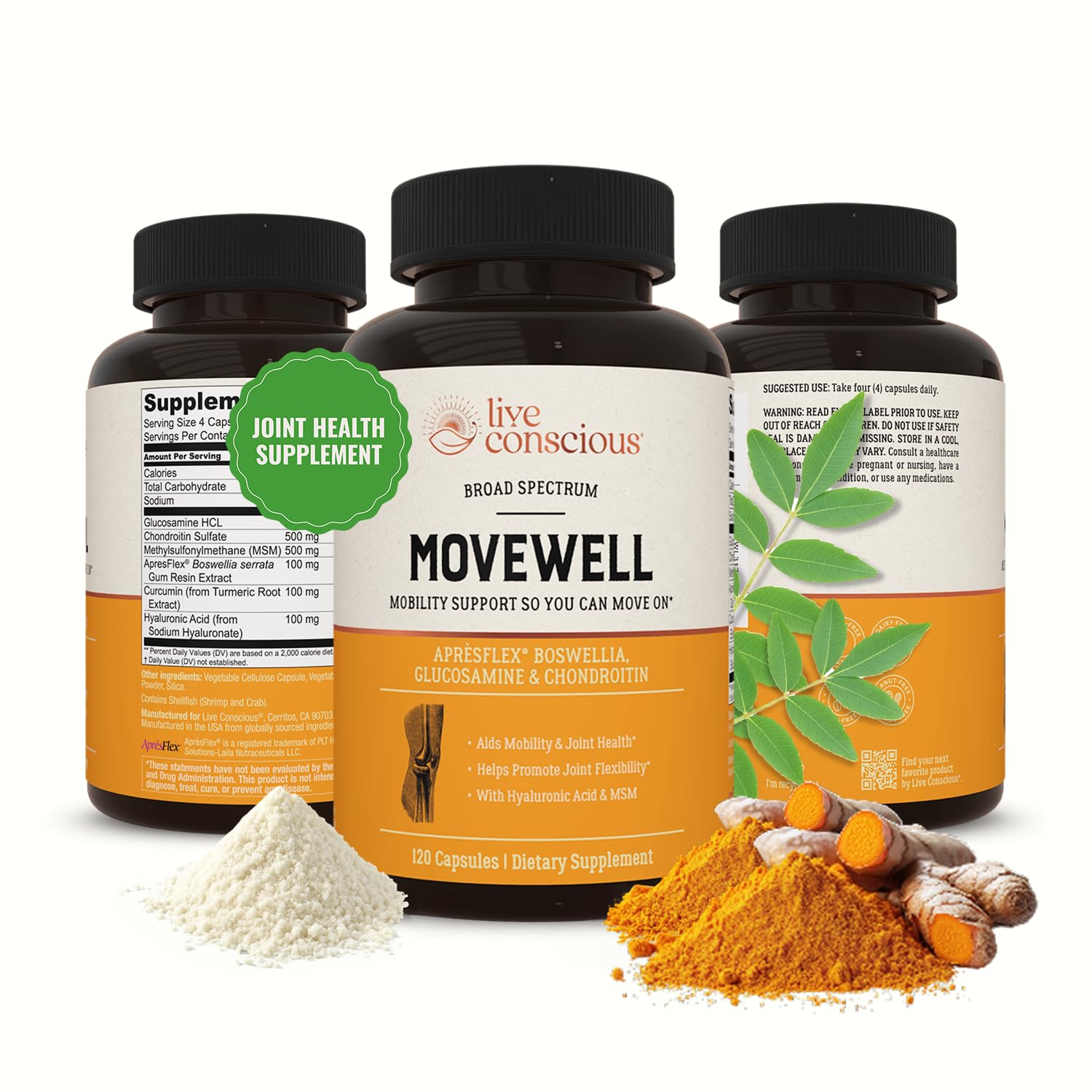 Live Conscious Glucosamine Chondroitin with MSM, Hyaluronic Acid, and More - MoveWell Joint Health Supplement
