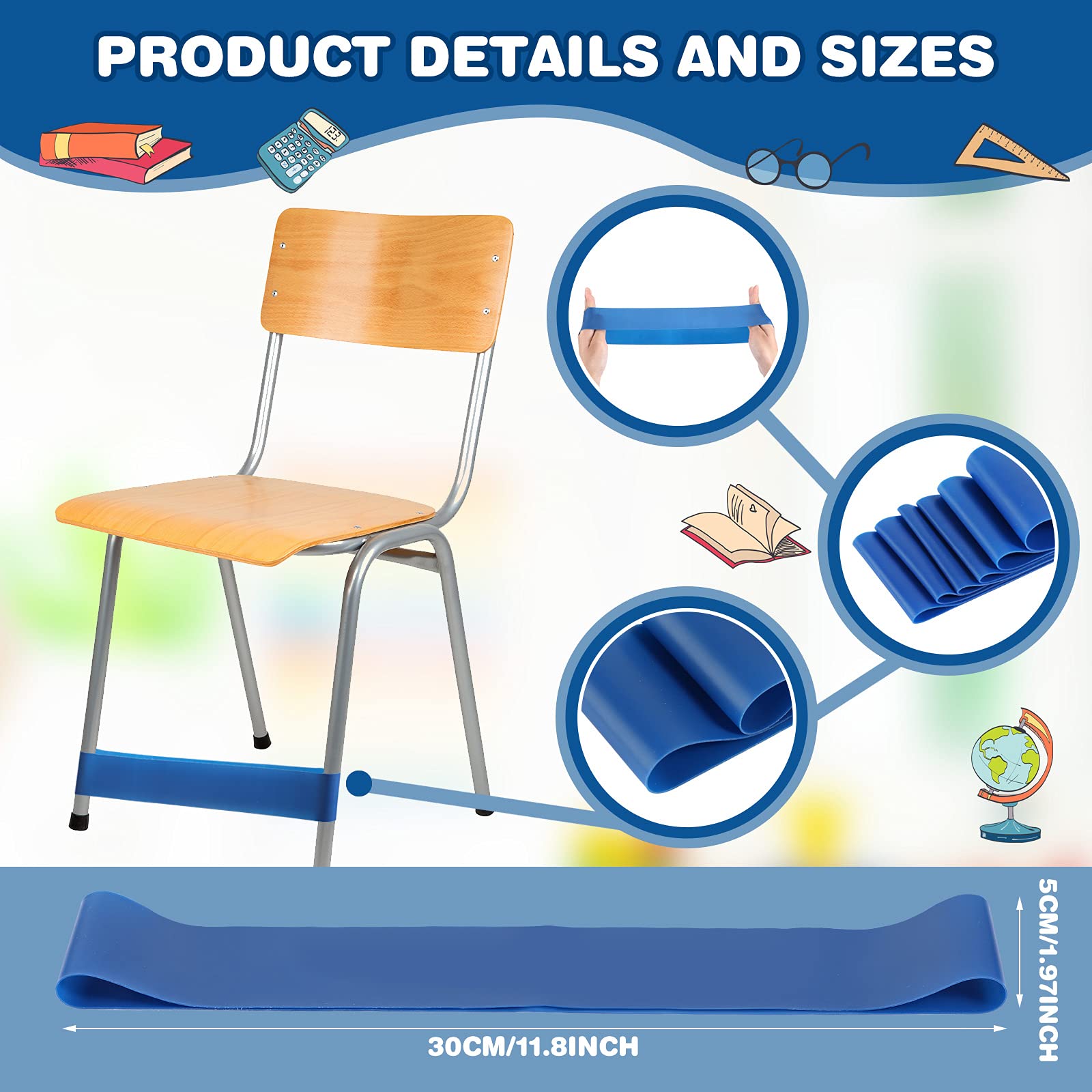 6 Fasce Elastiche Per Sedie Bambini - Antistress Per Piedi Irrequieti - TPE Blu 60x5 Cm - Per ADHD E Concentrazione