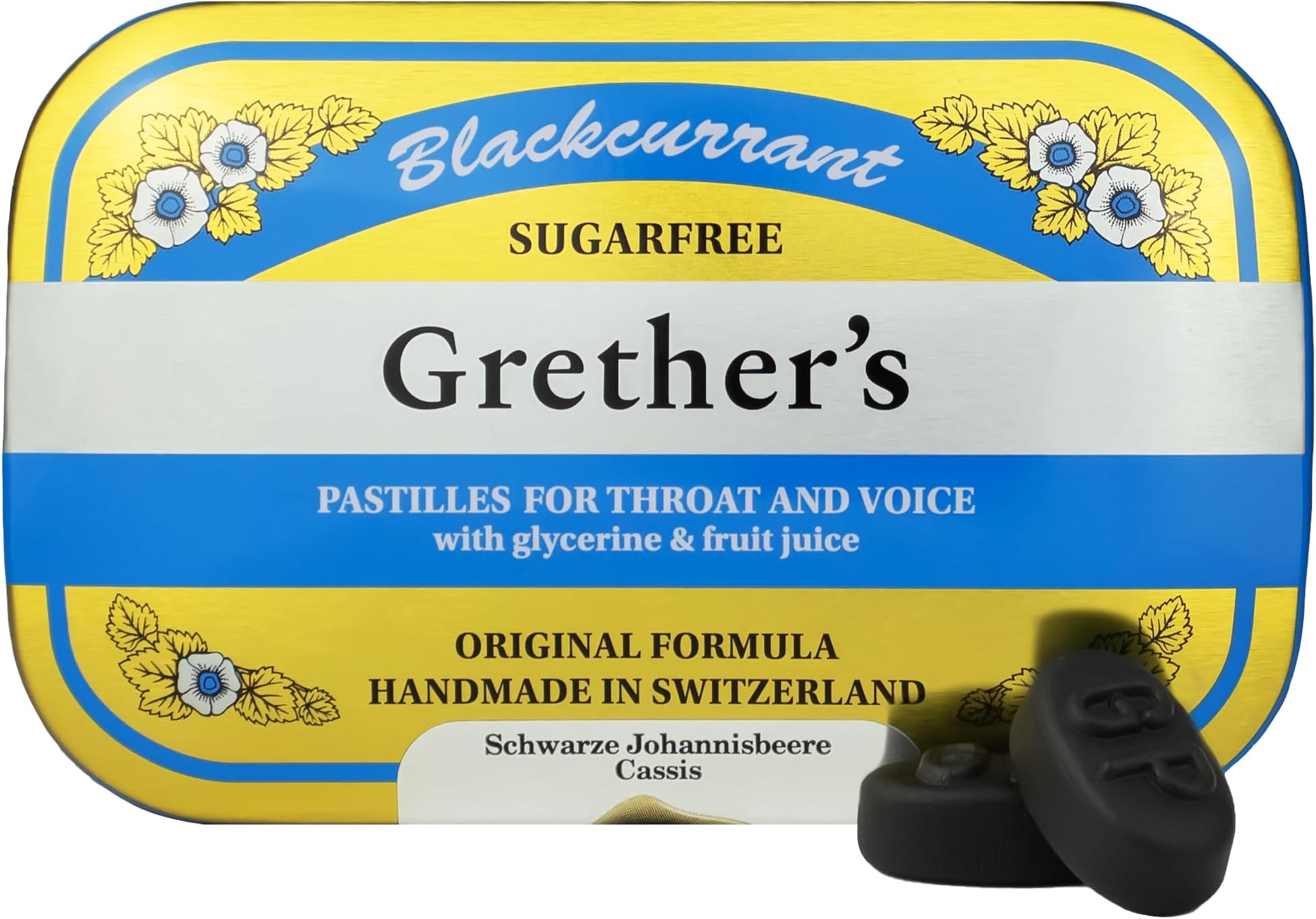 Sugar Free Blackcurrant Pastilles 440g Tin - Sore Throat Soothing, Dry Mouth Relief, Natural Remedy for a Healthy Voice