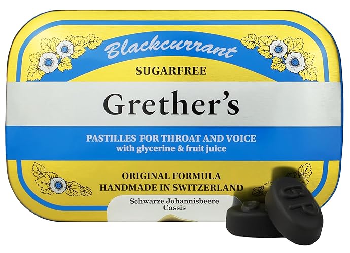GRETHER'S Sugarfree Blackcurrant Pastilles - Natural Dry Mouth Relief - Soothing Throat & Healthy Voice - Gift for Singers - 3.75 oz. 1 Pack - 3.75 Ounce (Pack of 1) - Blackcurrant