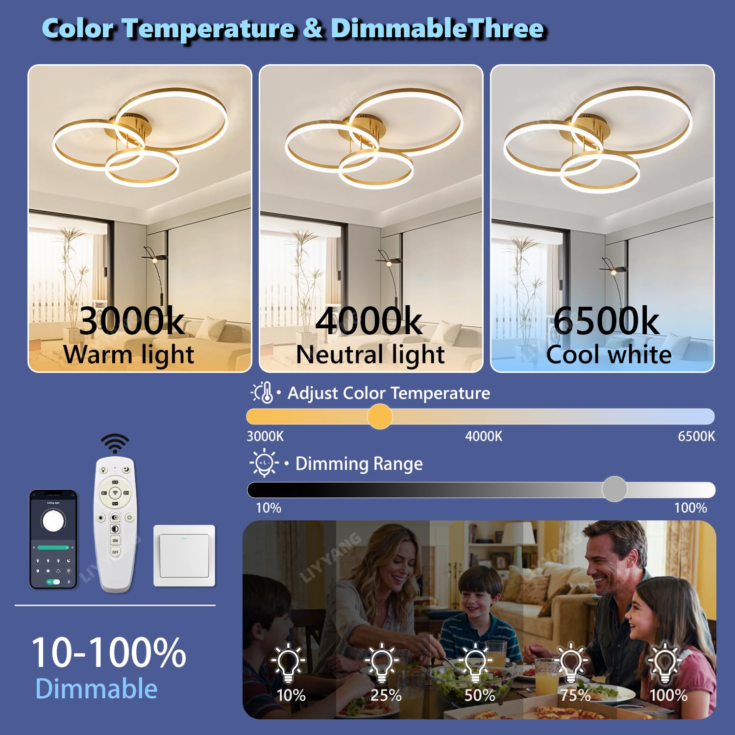 Moderner Led Deckenleuchte Dimmbar Wohnzimmerlampe Verstellbare Runde Deckenlampe mit Fernbedienung 75W 3-Ring Schlafzimmer Decke Licht Bürobeleuchtung für Küche Esszimmer (Gold, L80cm)