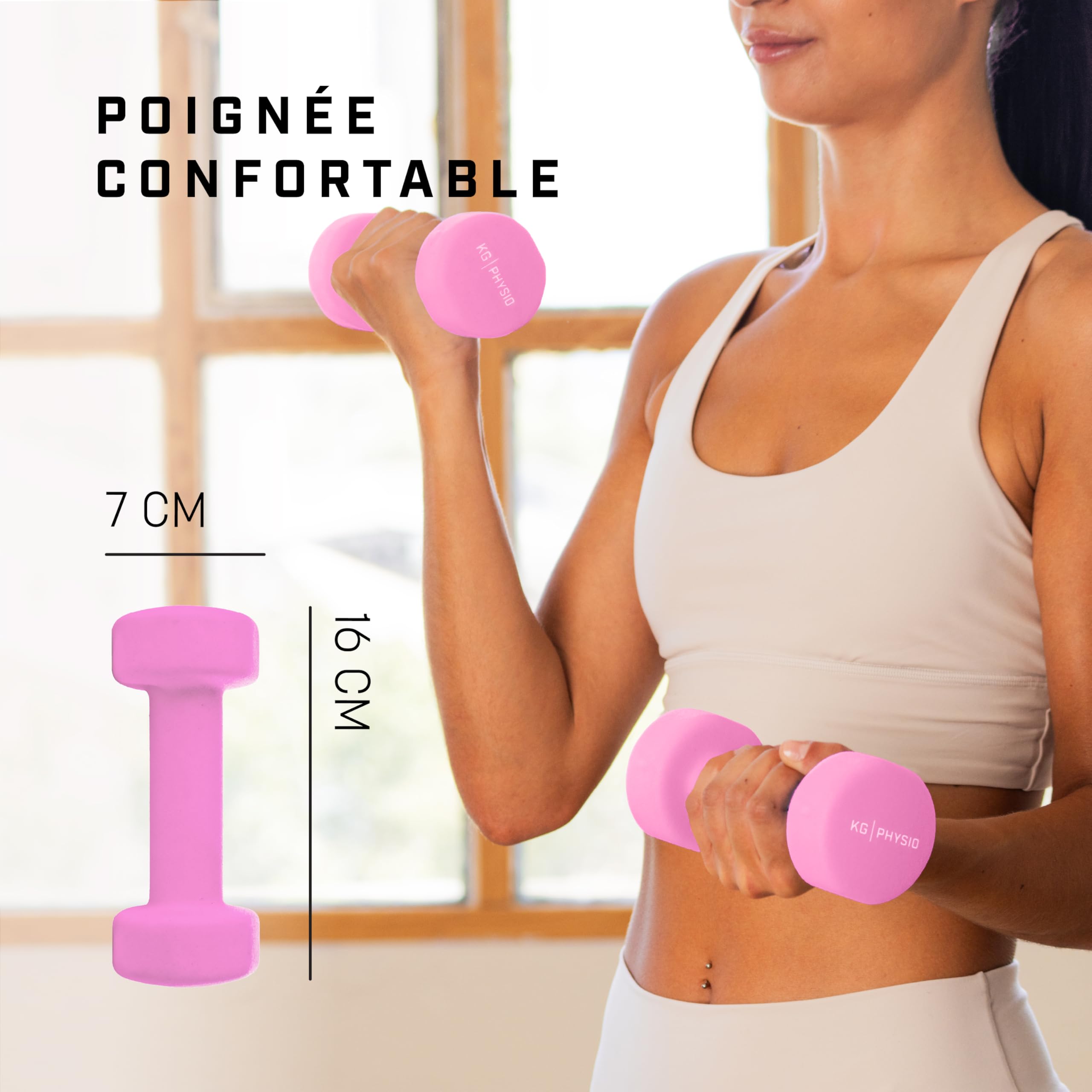 KG Physio Ensemble d'haltères avec revêtement en néoprène - Résistant à la transpiration - Avec technologie anti-roulis - Avec affiche d'exercices - Paire d'haltères de 1 à 10 kg