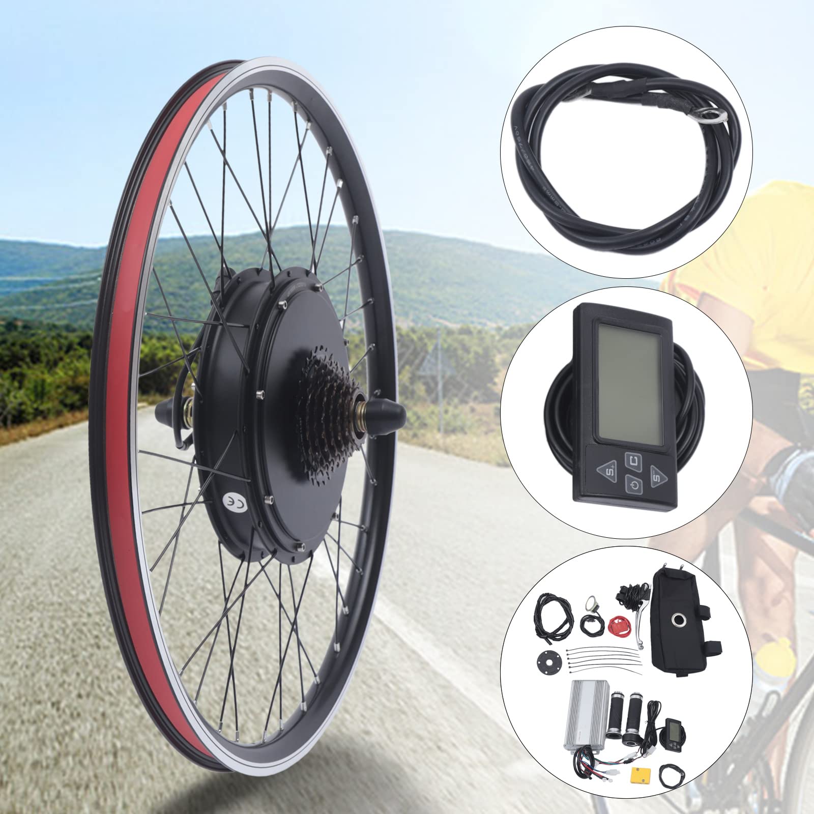 E Bike Kit 26 Zoll 48V 1500W Ebike Kit Hinterrad mit LCD Display | E Bike Umbausatz, Pedal Assist Sensor, 7-Gang Schwungrad, Bremshebel, Controller-Tasche, für 26 Zoll Fahrräder