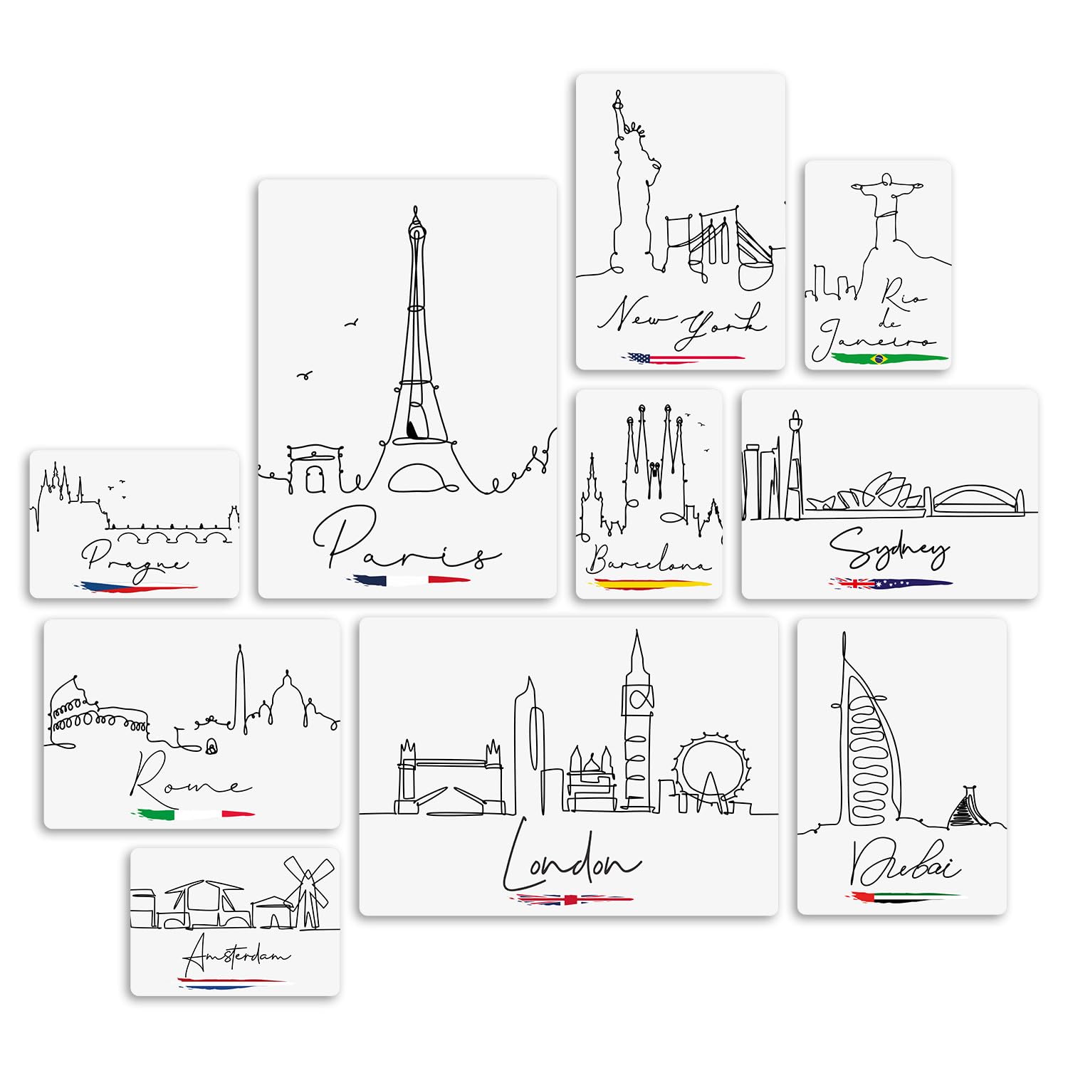 Giallobus - Set 10 Quadri Multi Pannello - Città - City Line 2 - Legno MDF - | 2 x 42x29,7cm | 4 x 29,7x21cm | 4 x 21x14,85cm | - Pronti da Appendere - Quadri Moderni per la casa